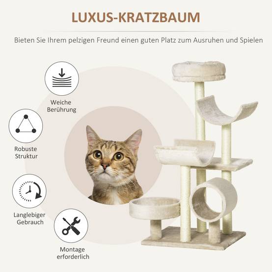 Arbre à gratter pour chat avec jouets et tunnel, bois, beige, 50 x 40 x 105 cm - PANGIVO - Image 5