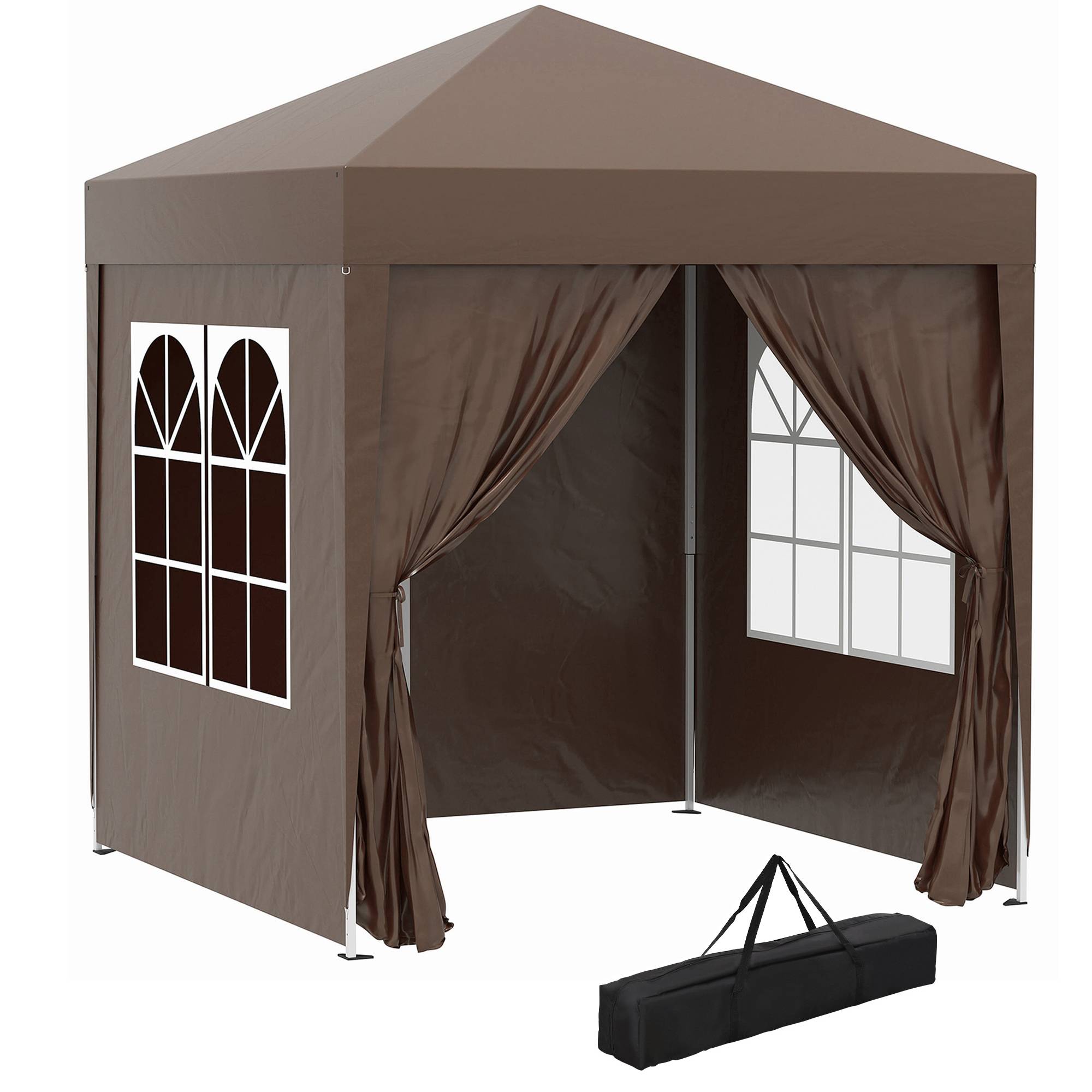 Tonnelle pliante 2x2 m avec 4 parois amovibles et sac de transport, en métal et polyester, marron - Image 1