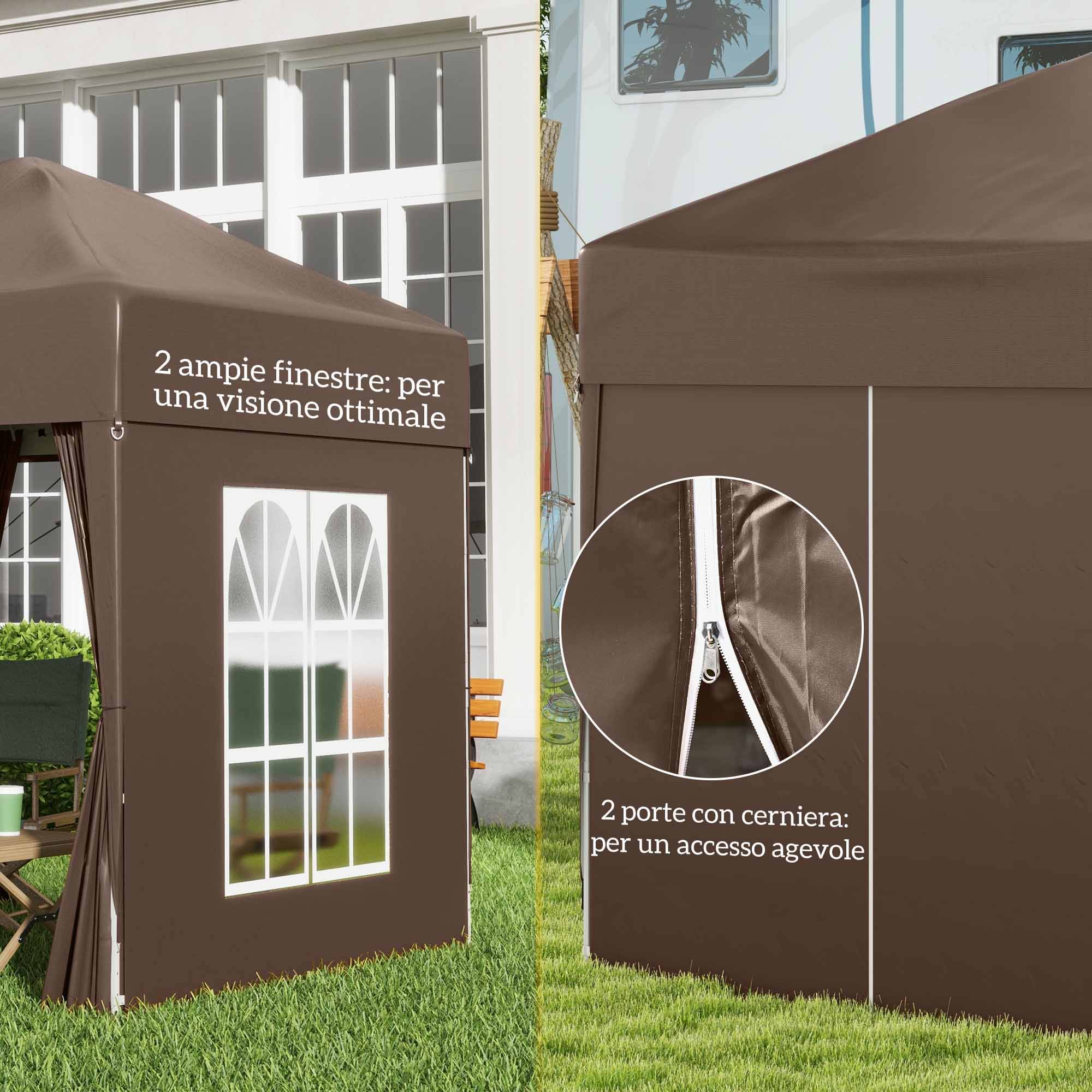 Tonnelle pliante 2x2 m avec 4 parois amovibles et sac de transport, en métal et polyester, marron - Image 9
