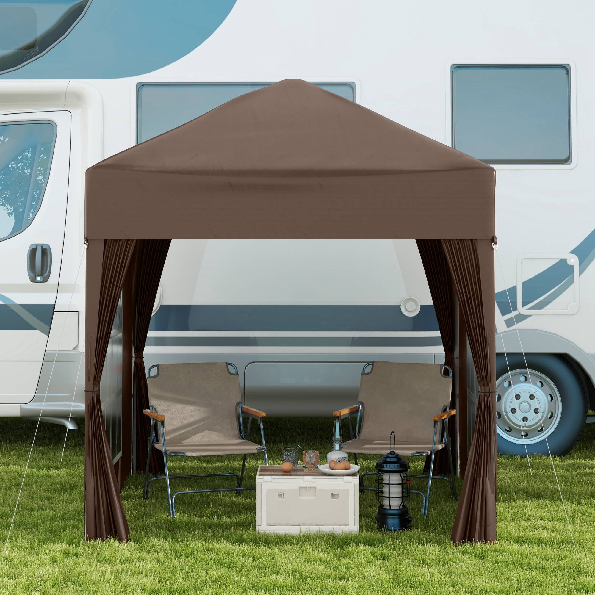 Tonnelle pliante 2x2 m avec 4 parois amovibles et sac de transport, en métal et polyester, marron - Image 10