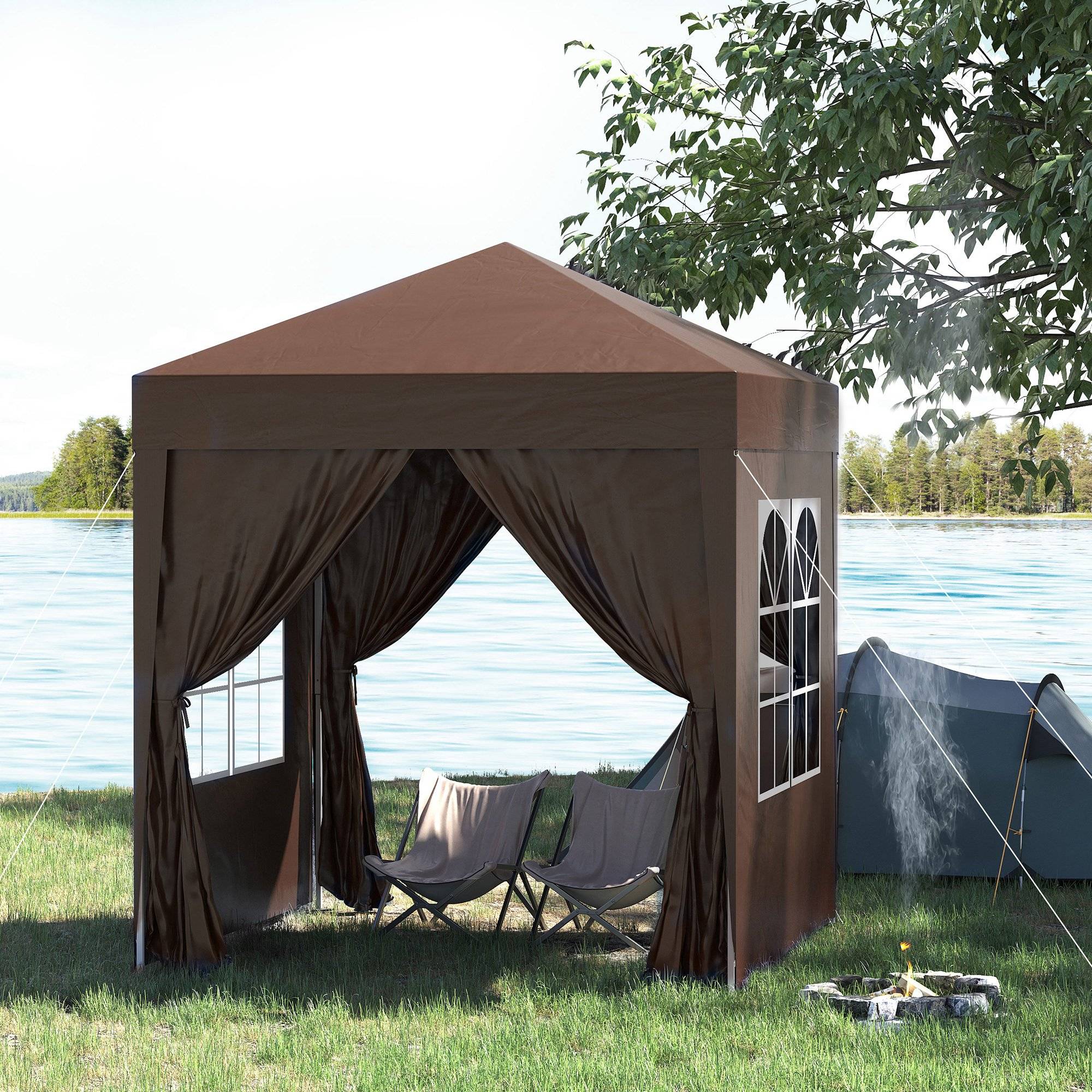 Tonnelle pliante 2x2 m avec 4 parois amovibles et sac de transport, en métal et polyester, marron - Image 4