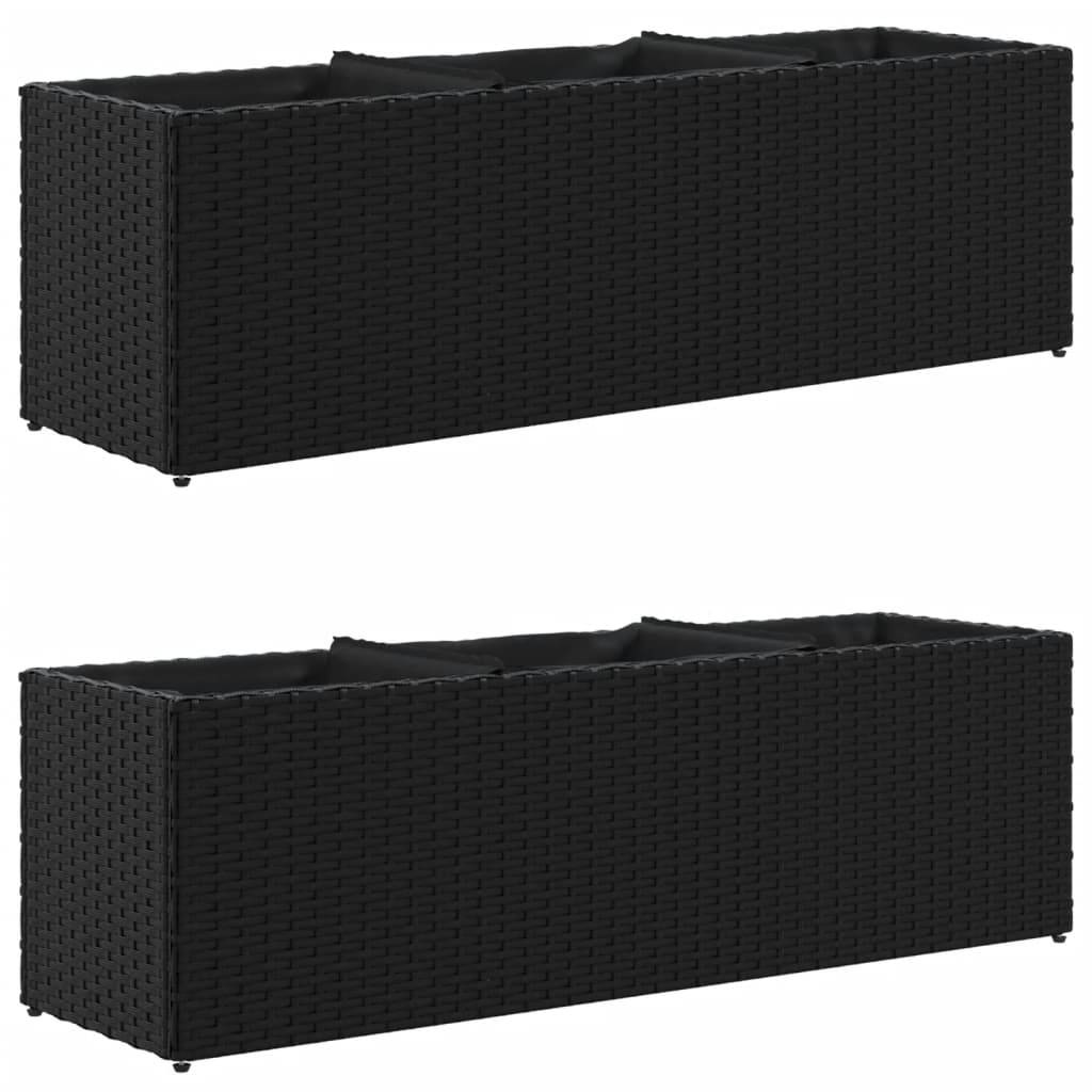 2 pcs Jardinières avec 3 pots, Bac à fleurs, Pot de fleurs noir 105x30x32 cm résine tressée - Image 1