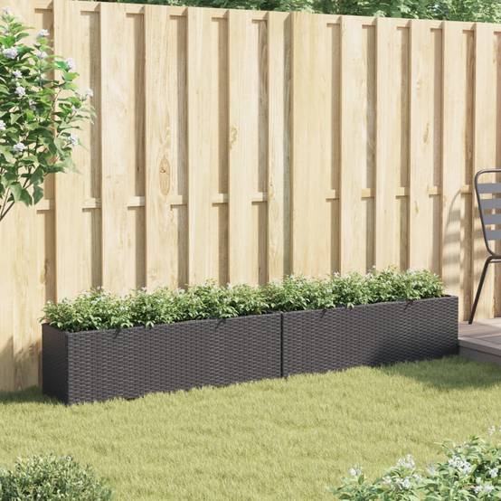 2 pcs Jardinières avec 3 pots, Bac à fleurs, Pot de fleurs noir 105x30x32 cm résine tressée - Image 3