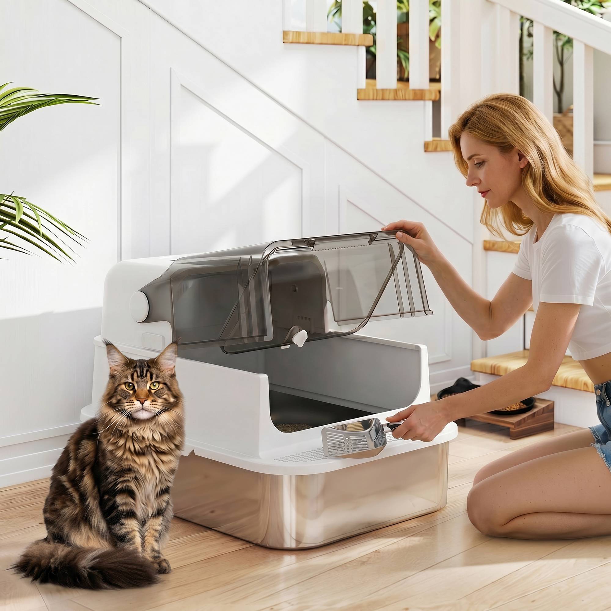 Sans Marque - Lettiera Gatto Chiusa en Acciaio Inox 52L avec Coperchio Ribaltabile, Doppia Porta, Paletta, Bianco - Image 2