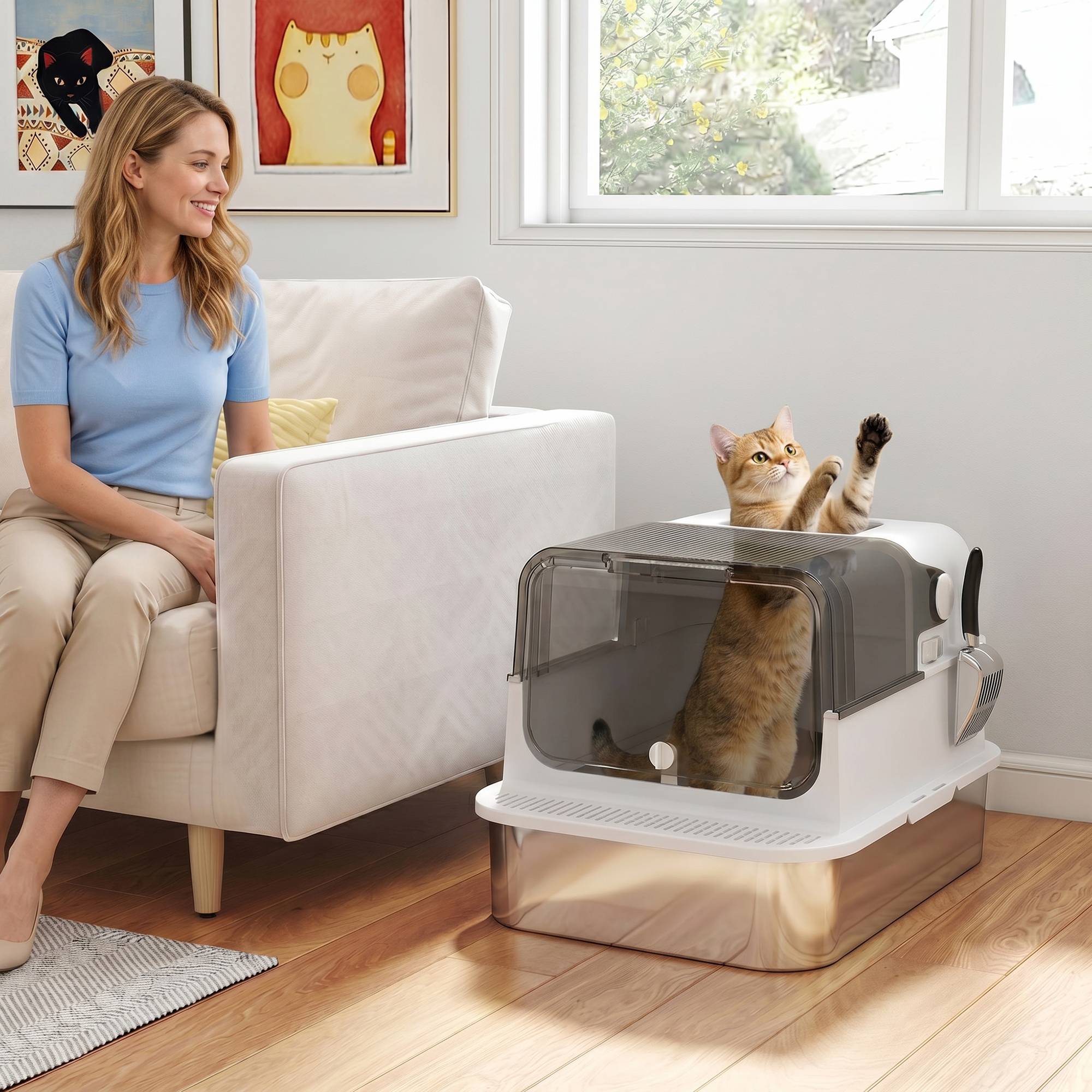 Sans Marque - Lettiera Gatto Chiusa en Acciaio Inox 52L avec Coperchio Ribaltabile, Doppia Porta, Paletta, Bianco - Image 3