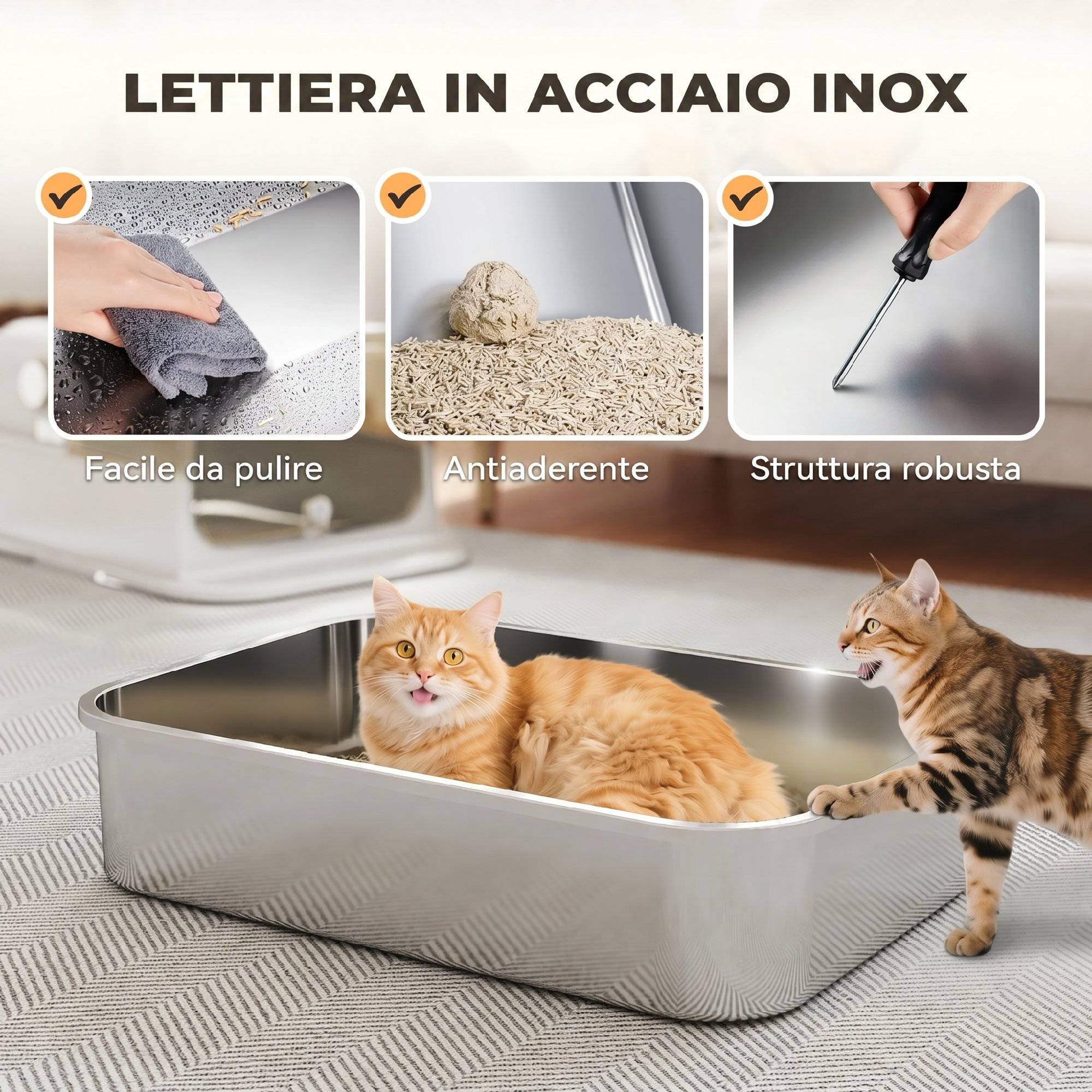 Sans Marque - Lettiera Gatto Chiusa en Acciaio Inox 52L avec Coperchio Ribaltabile, Doppia Porta, Paletta, Bianco - Image 5