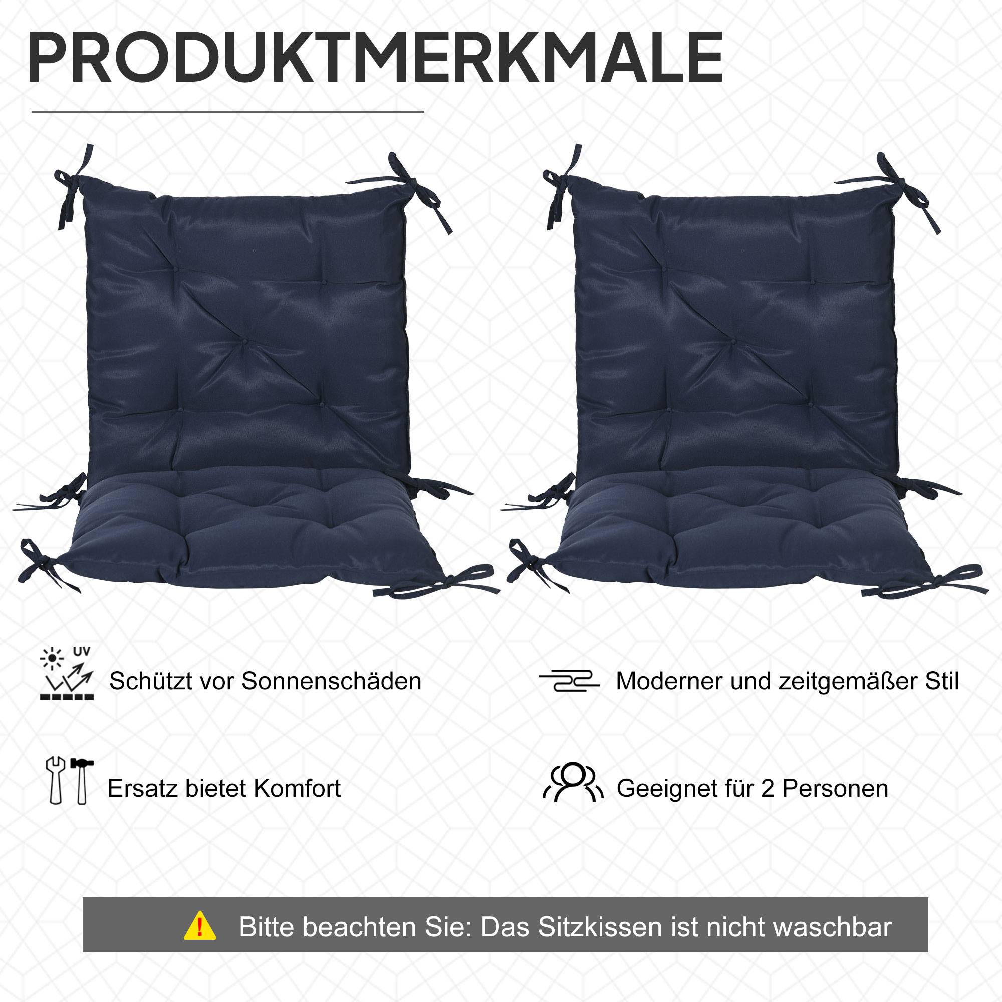 Lot de 2 coussins d'assise, 98 x 50 cm, avec attaches, revêtement en tissu, 8 cm d'épaisseur, bleu foncé - Image 7