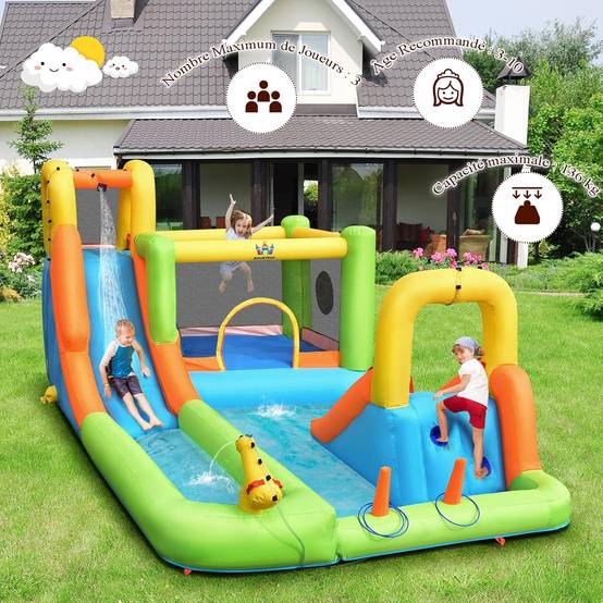 Structure gonflable avec 2 Toboggans,Mur d'Escalade, Panier de Basket, Sac,Charge 135kg 3-10 Ans - Image 1