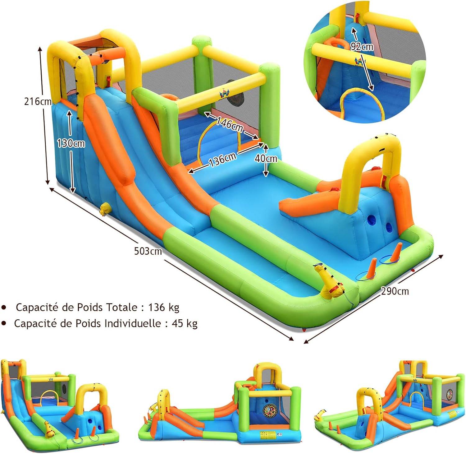 Structure gonflable avec 2 Toboggans,Mur d'Escalade, Panier de Basket, Sac,Charge 135kg 3-10 Ans - Image 4