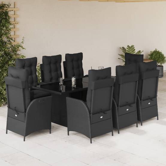 ComfortXL - Salon de Jardin Poly Rotin Noir 8 Places, 2 Fauteuils avec Repose-pieds, Table 190x80cm, Coussins Noirs – ComfortXL Outdoor Living - Image 1