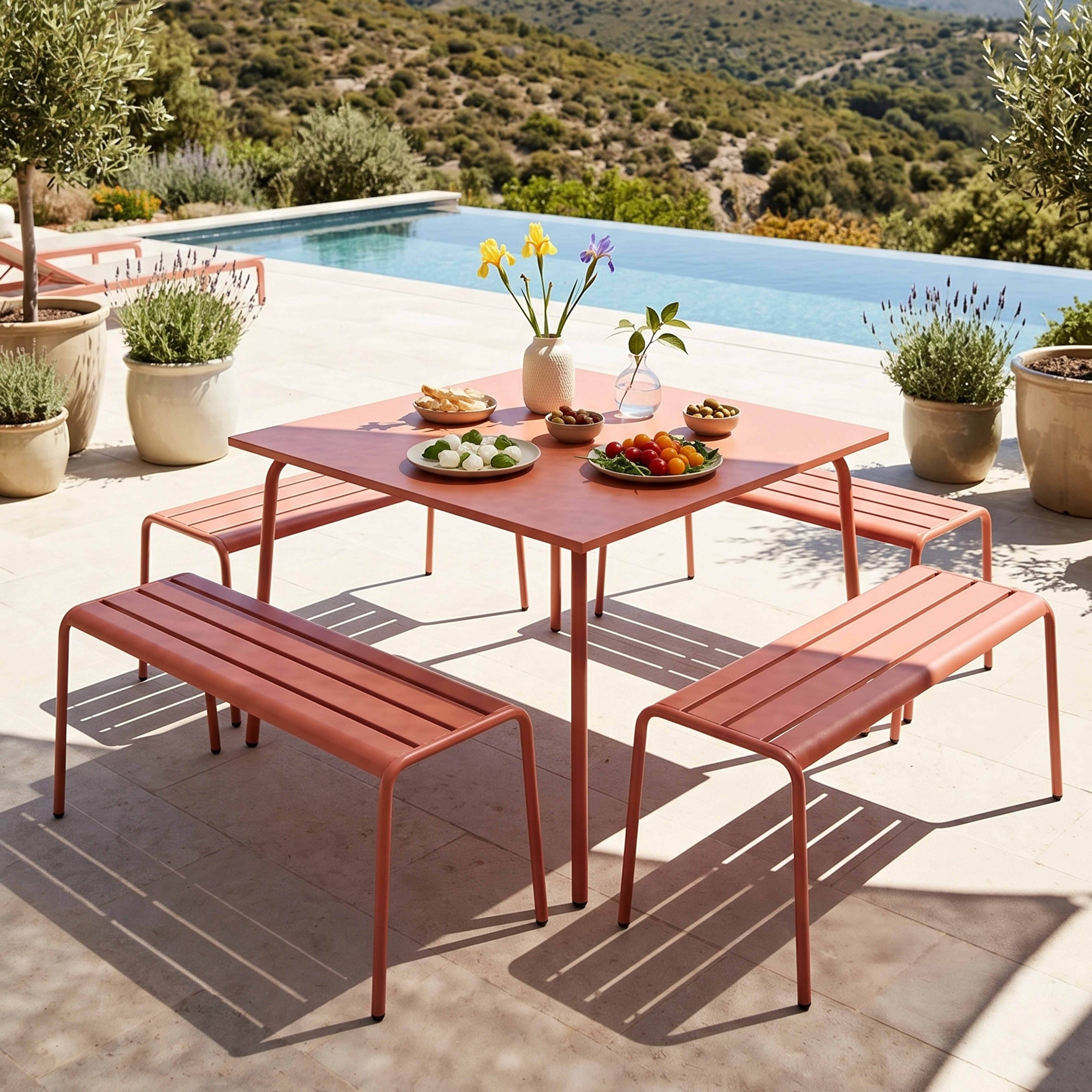 Oviala - Ensemble table de jardin carrée et 4 bancs en métal argile Palavas - Oviala - Image 2
