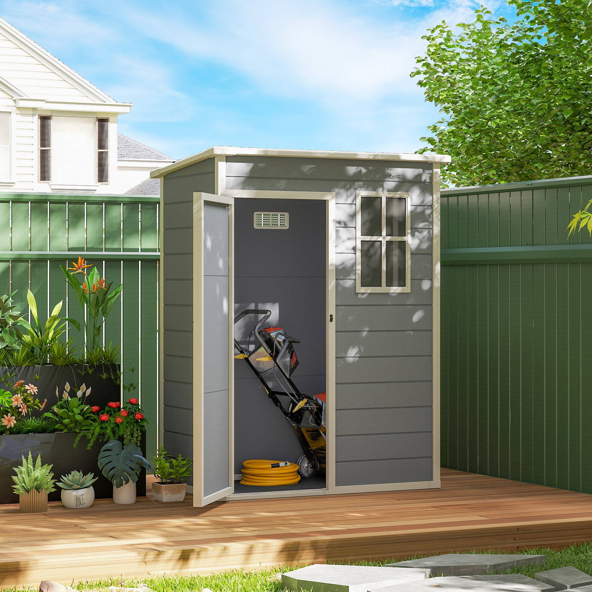 Abri de jardin plastique 1,14 m² 151x92x193 cm toit monopente plancher fenêtre gris, cabane rangement - Image 4