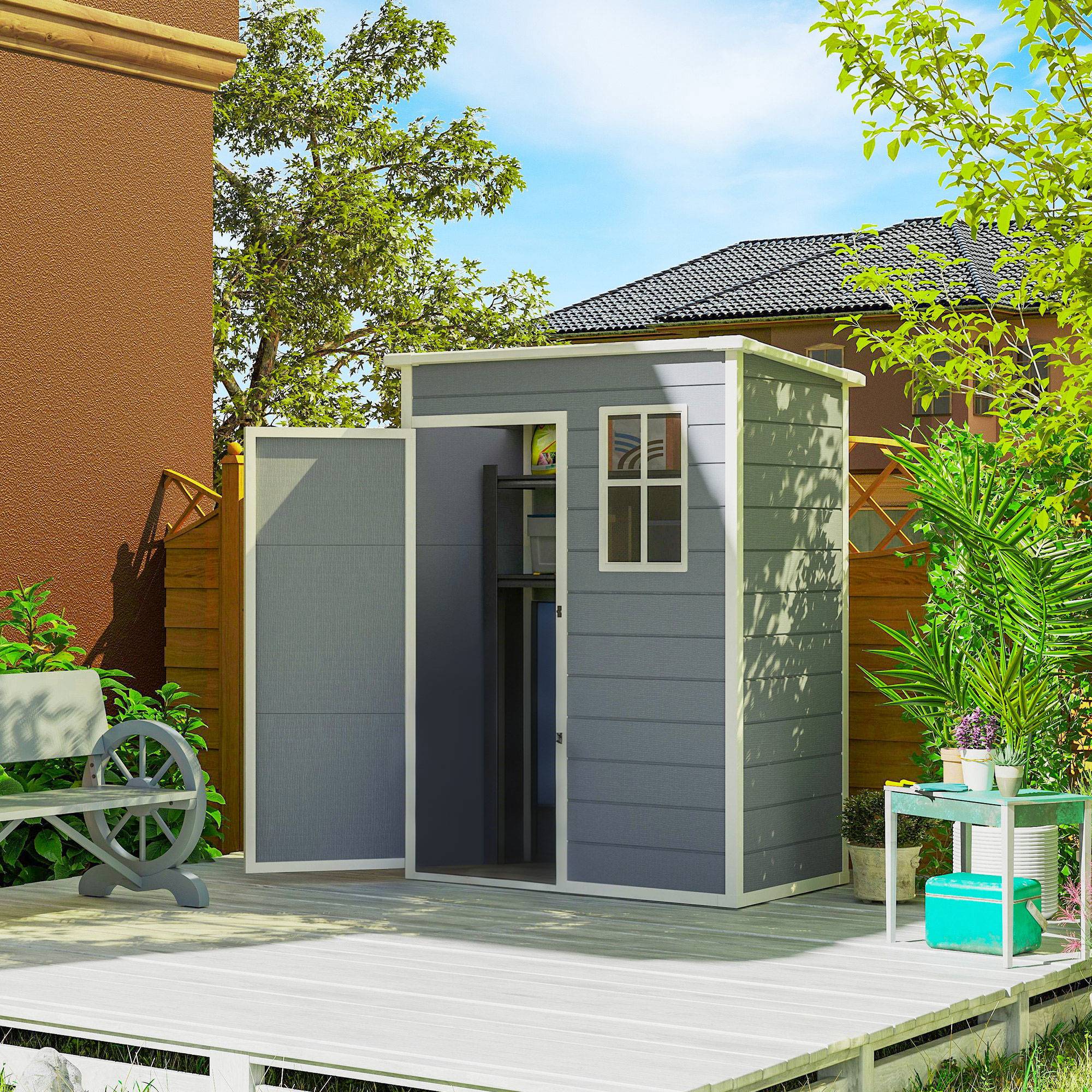 Abri de jardin plastique 1,14 m² 151x92x193 cm toit monopente plancher fenêtre gris, cabane rangement - Image 3