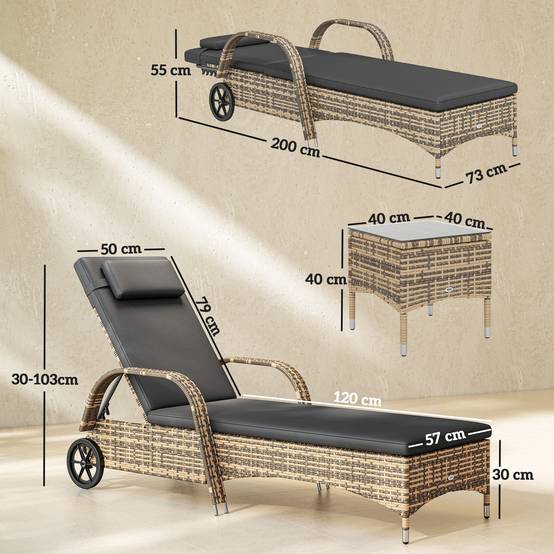 Maison Chic - Lot de 2 transats bains de soleil : matelas, têtière, inclinaison réglable roulettes + table basse verre trempé gris foncé - Image 5