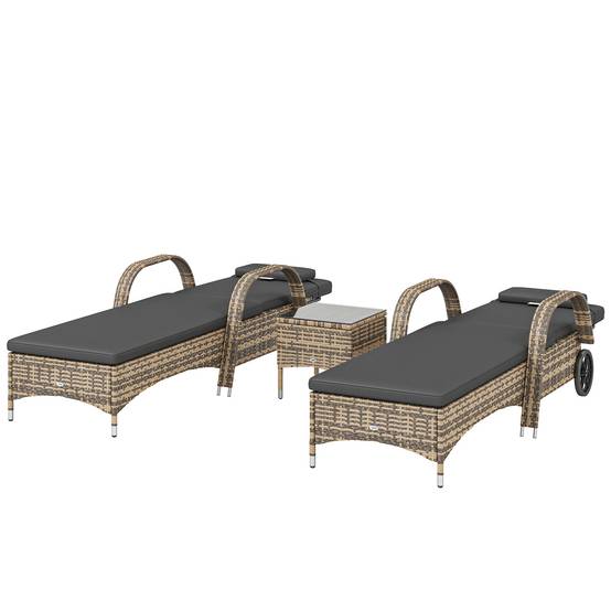 Maison Chic - Lot de 2 transats bains de soleil : matelas, têtière, inclinaison réglable roulettes + table basse verre trempé gris foncé - Image 1