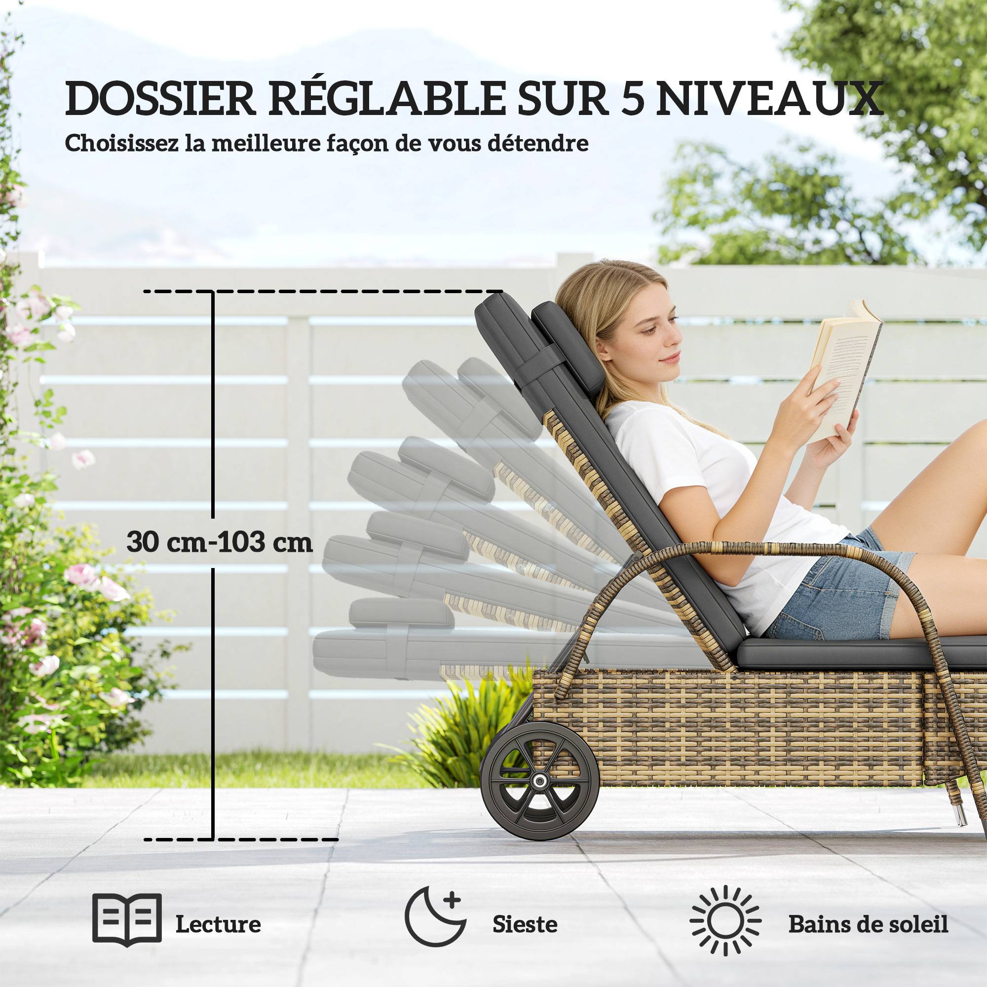 Maison Chic - Lot de 2 transats bains de soleil : matelas, têtière, inclinaison réglable roulettes + table basse verre trempé gris foncé - Image 6