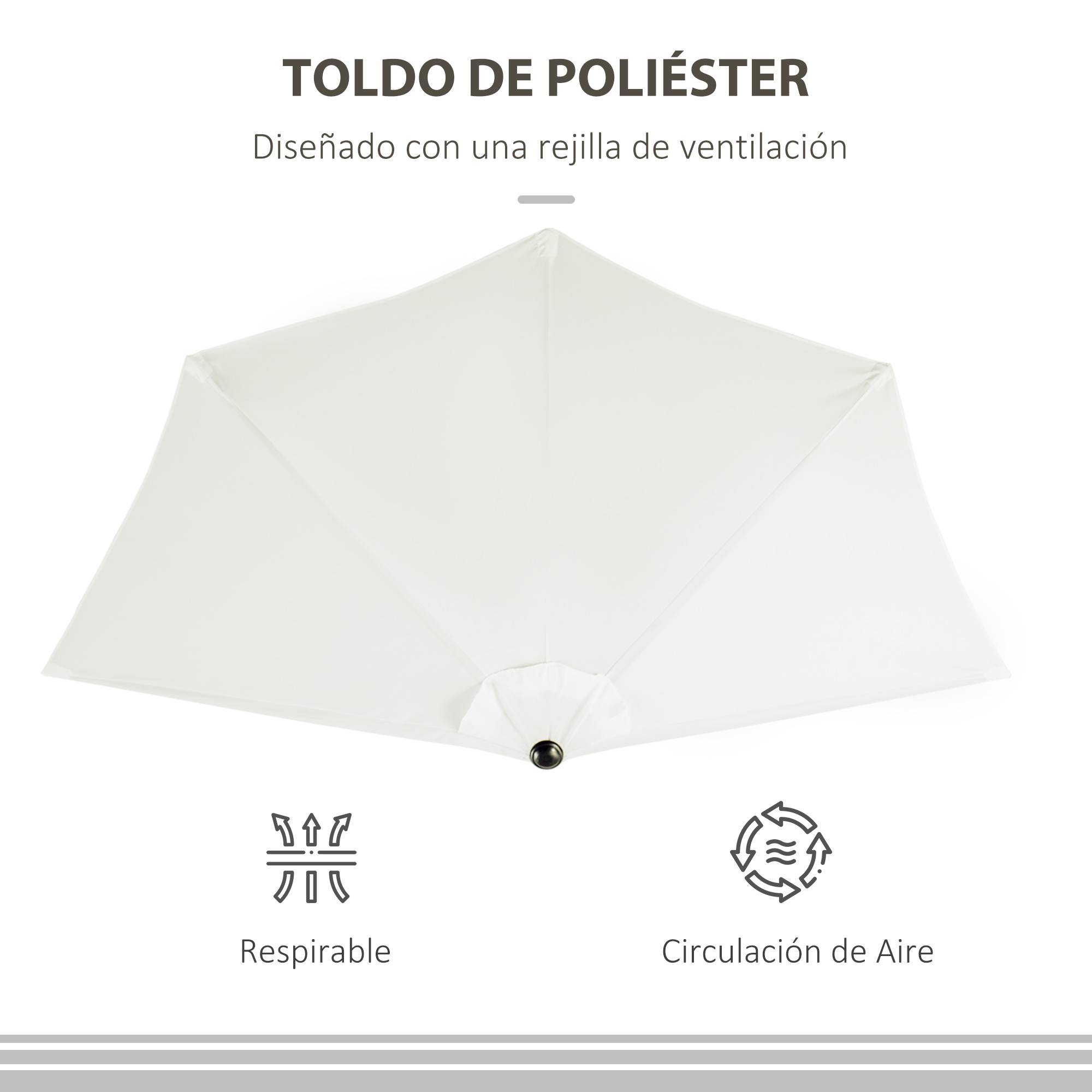 Parasol 269x138x236 cm, manivelle, forme semi-circulaire, polyester 180 g/m², terrasse patio piscine creme - Image 8