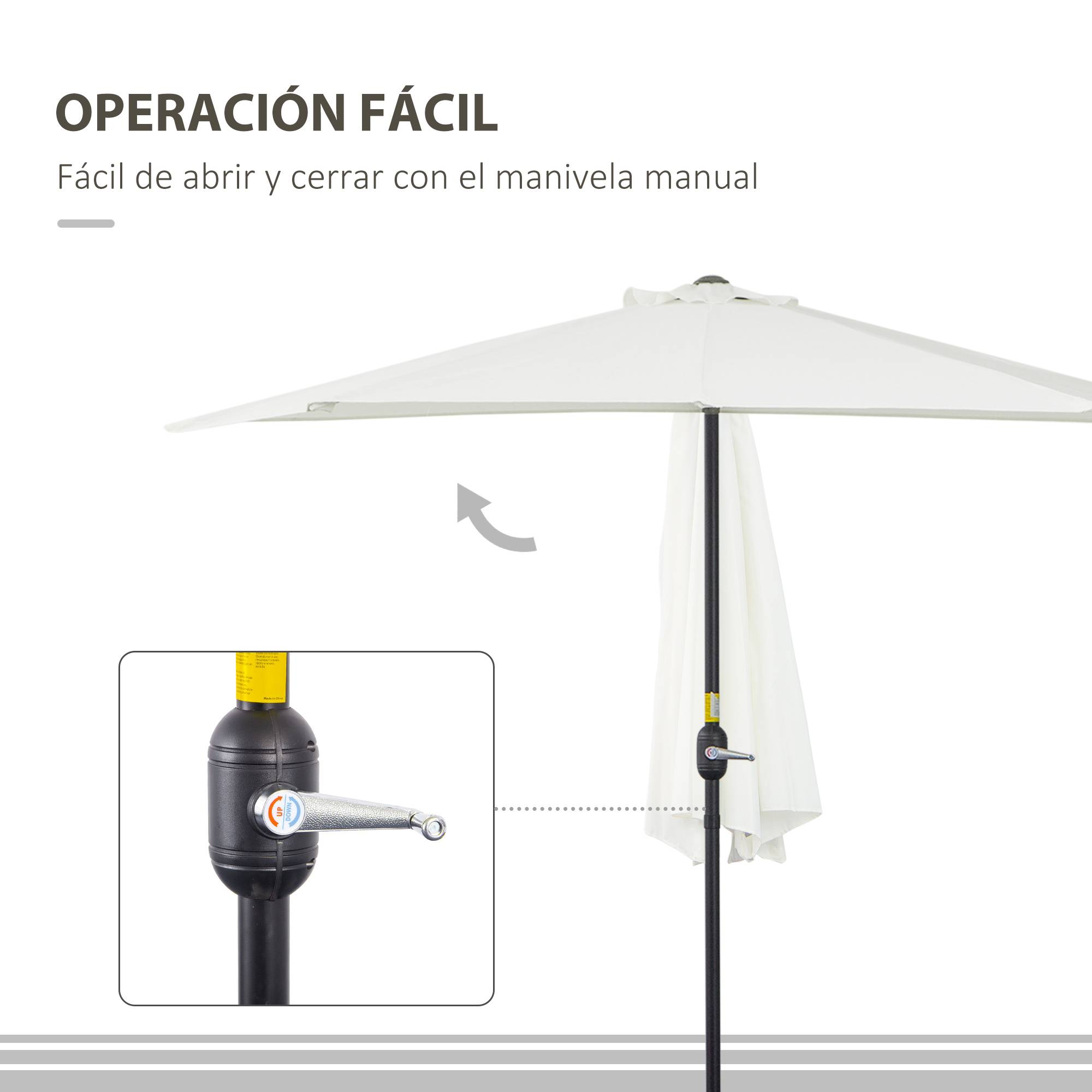 Parasol 269x138x236 cm, manivelle, forme semi-circulaire, polyester 180 g/m², terrasse patio piscine creme - Image 6