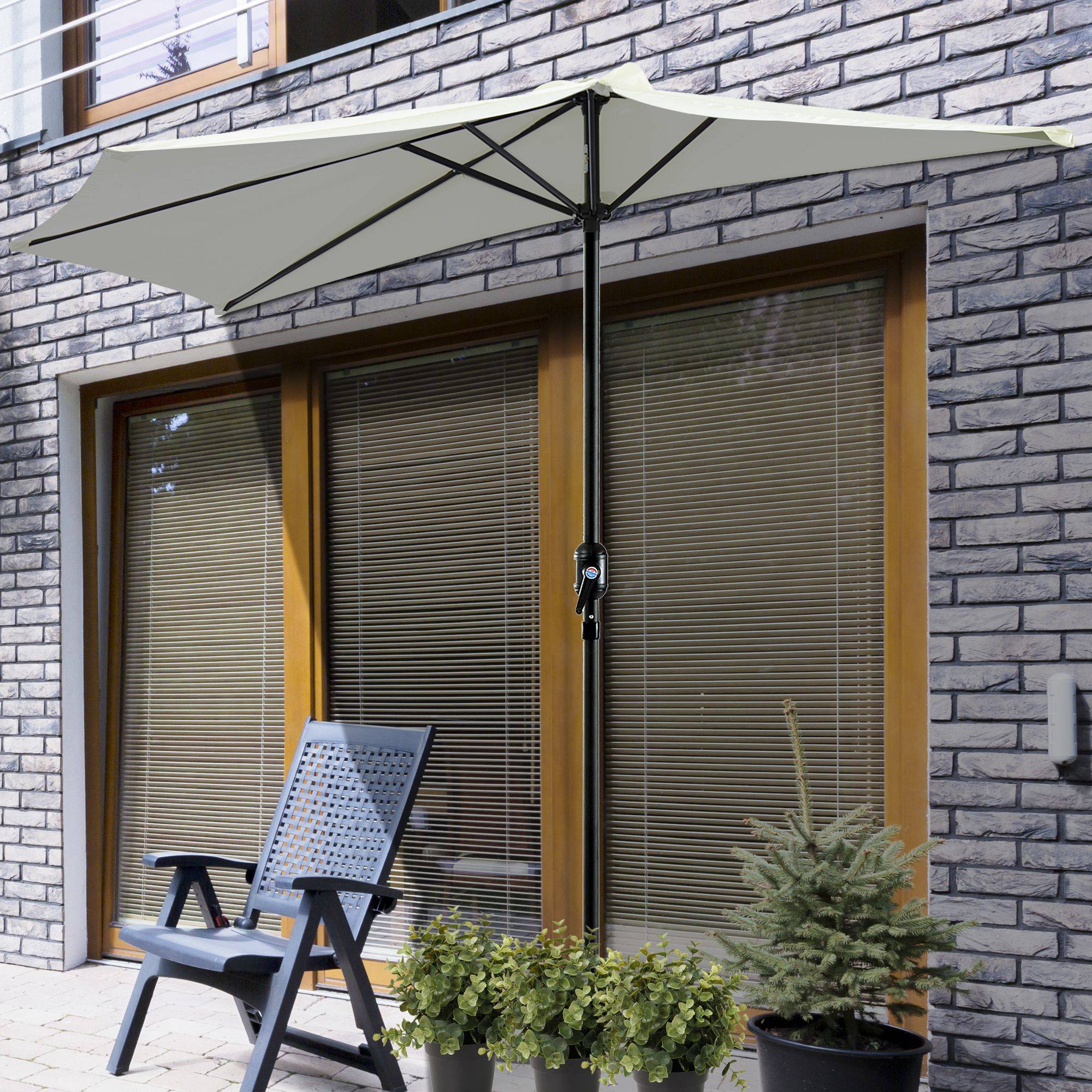 Parasol 269x138x236 cm, manivelle, forme semi-circulaire, polyester 180 g/m², terrasse patio piscine creme - Image 3