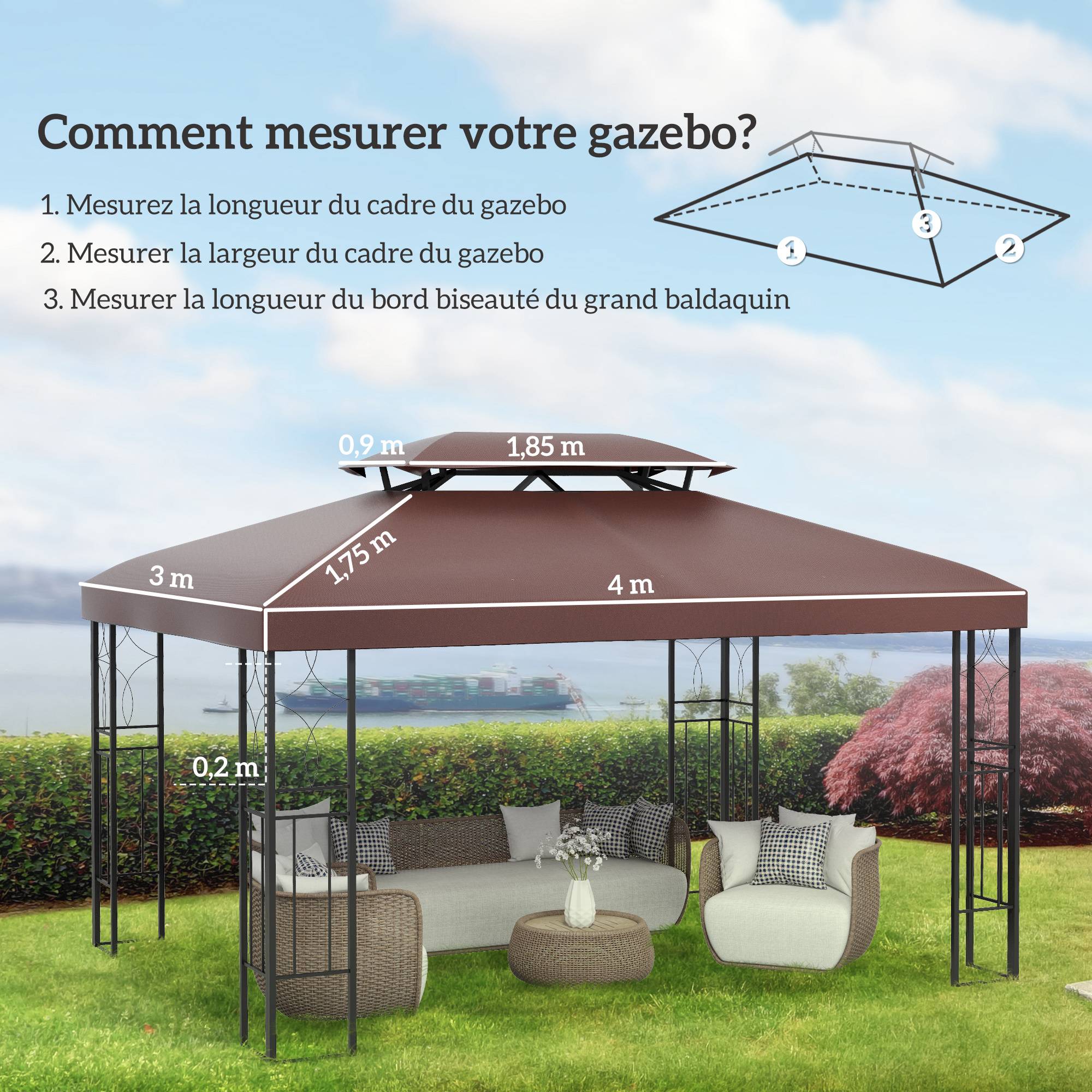 Homcom - Toile de Rechange pour Pavillon Tonnelle Tente 3x4m Haute Densité Imperméabilisé Polyester 180g/m² Chocolat - Outsunny - Image 4