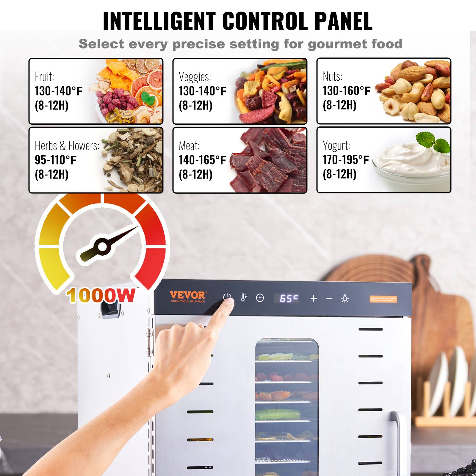 VEVOR Déshydrateur Alimentaire 10 Plateaux Inox 1 kW, Température Réglable 30-90°C, Minuterie 48 h. - Image 4