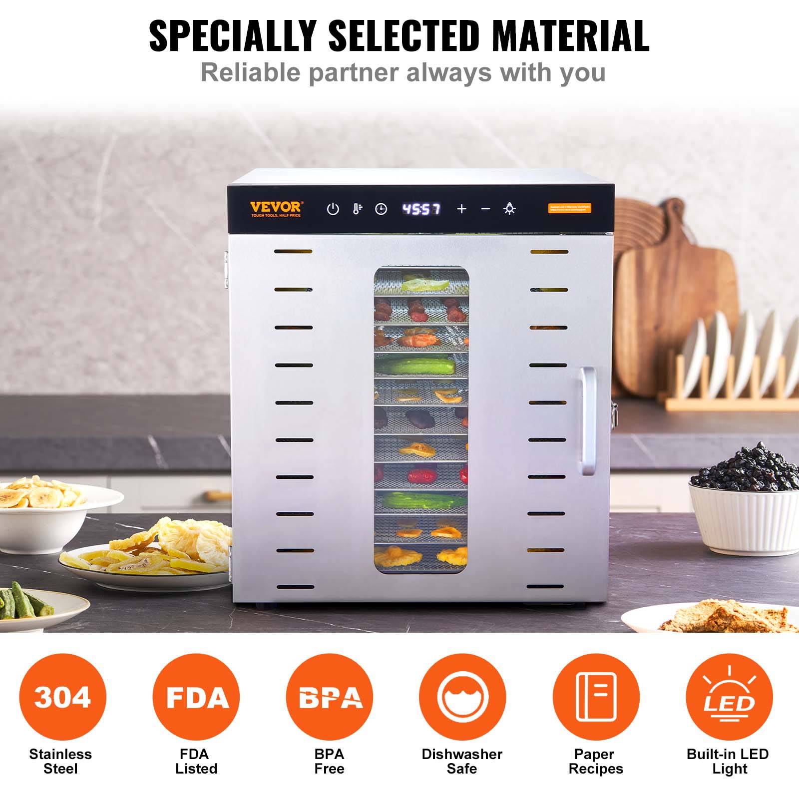 VEVOR Déshydrateur Alimentaire 10 Plateaux Inox 1 kW, Température Réglable 30-90°C, Minuterie 48 h. - Image 5