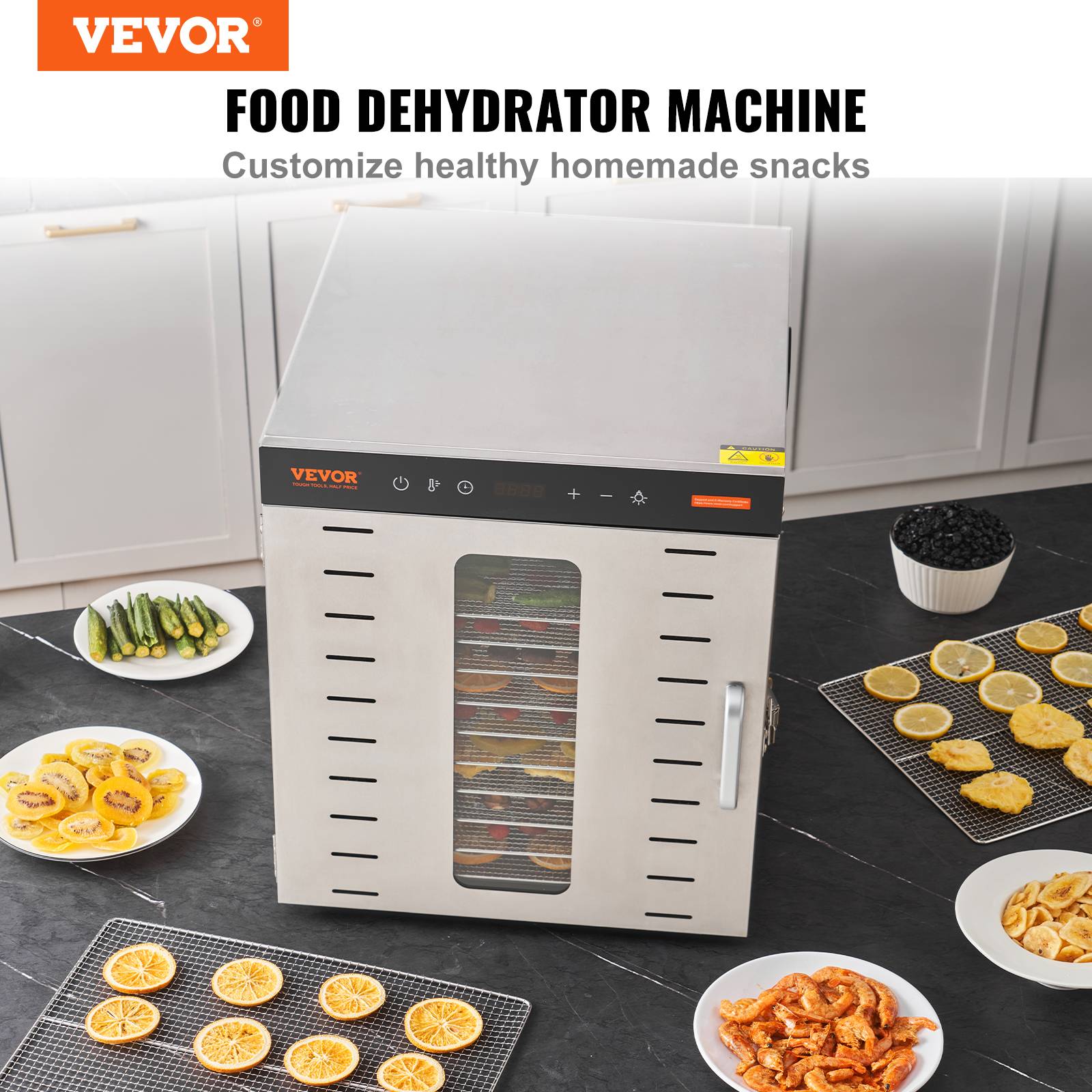 VEVOR Déshydrateur Alimentaire 10 Plateaux Inox 1 kW, Température Réglable 30-90°C, Minuterie 48 h. - Image 2