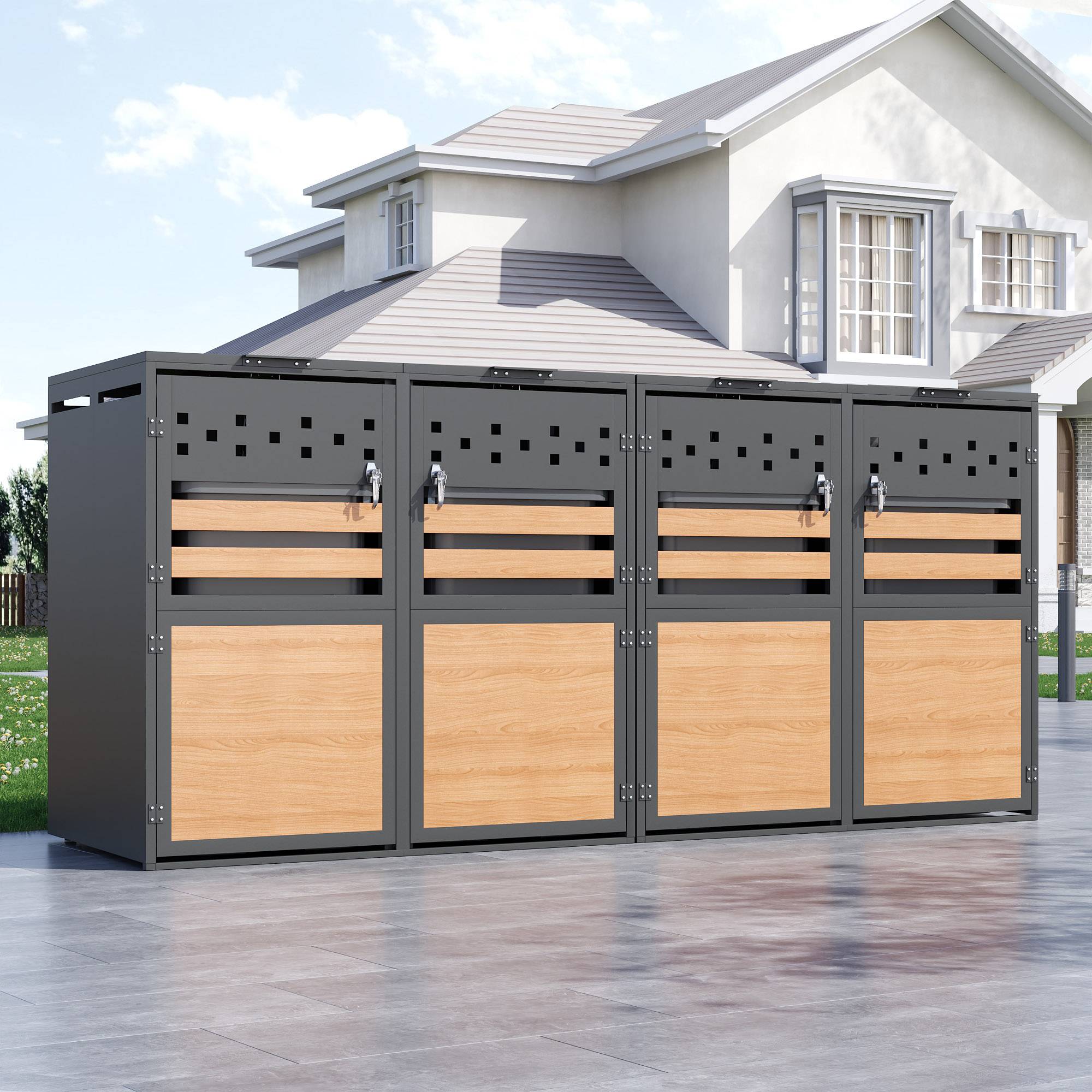 ComfortXL - Cache-poubelle acier galvanisé jardin couvercle hydraulique gris bois 132x80x120cm - ComfortXL Outdoor Living - Image 1