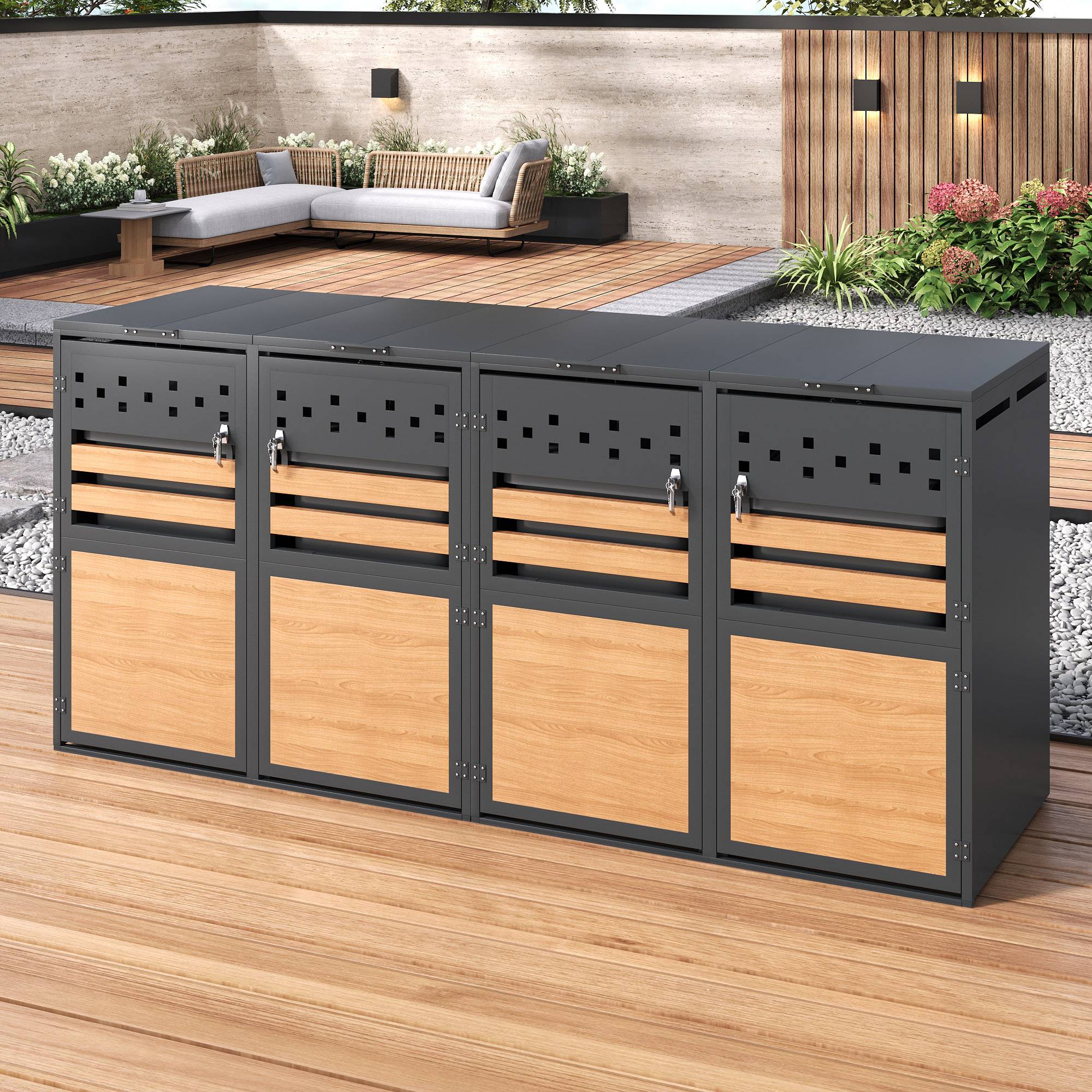 ComfortXL - Cache-poubelle acier galvanisé jardin couvercle hydraulique gris bois 132x80x120cm - ComfortXL Outdoor Living - Image 9