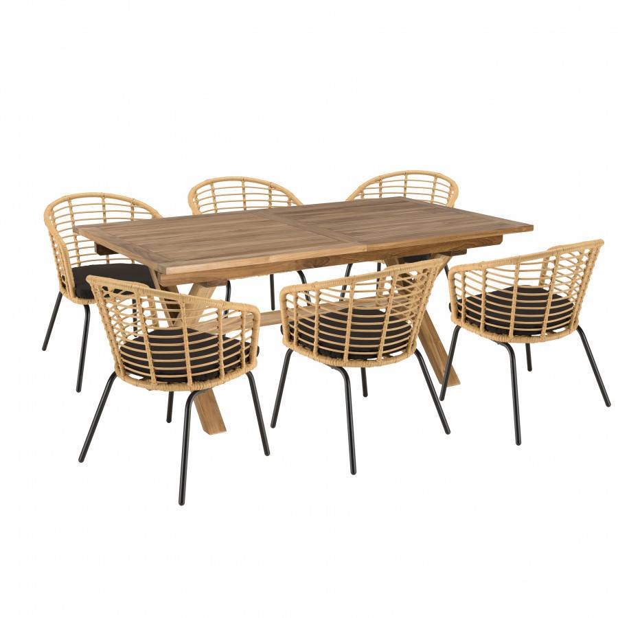 Macabane - MALO - SALON DE JARDIN 6 PERS. - 1 table rectangulaire 180x100cm et 6 fauteuils beiges et noirs - Image 1