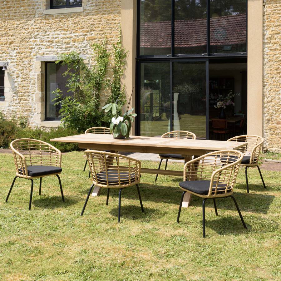 Macabane - MALO - SALON DE JARDIN 6 PERS. - 1 table rectangulaire 180x100cm et 6 fauteuils beiges et noirs - Image 2