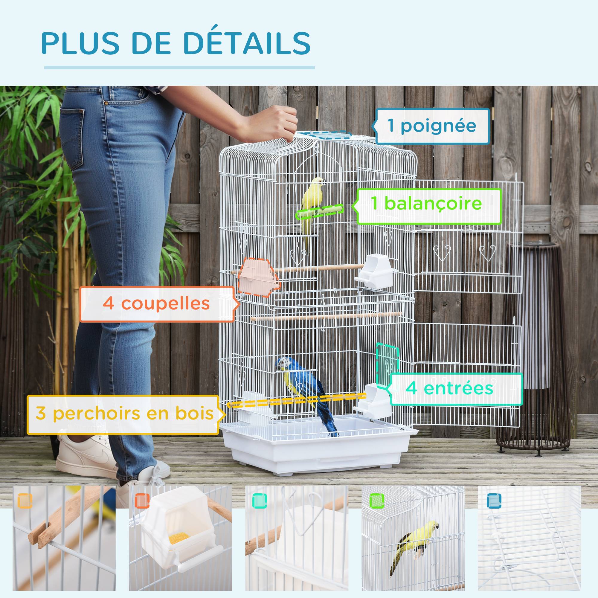 Sans Marque - Cage à oiseaux volière avec mangeoires perchoirs plateau excrément amovible cage pour canaris perruches perroquets 46,5 x 35,5 x 92 cm blanc - Image 8