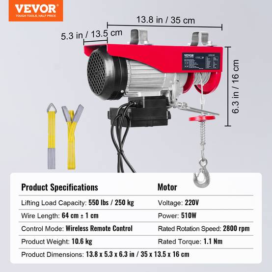 VEVOR Treuil électrique 250kg, télécommande sans fil, 510W, câble 12m, pour garage et entrepôt. - Image 7