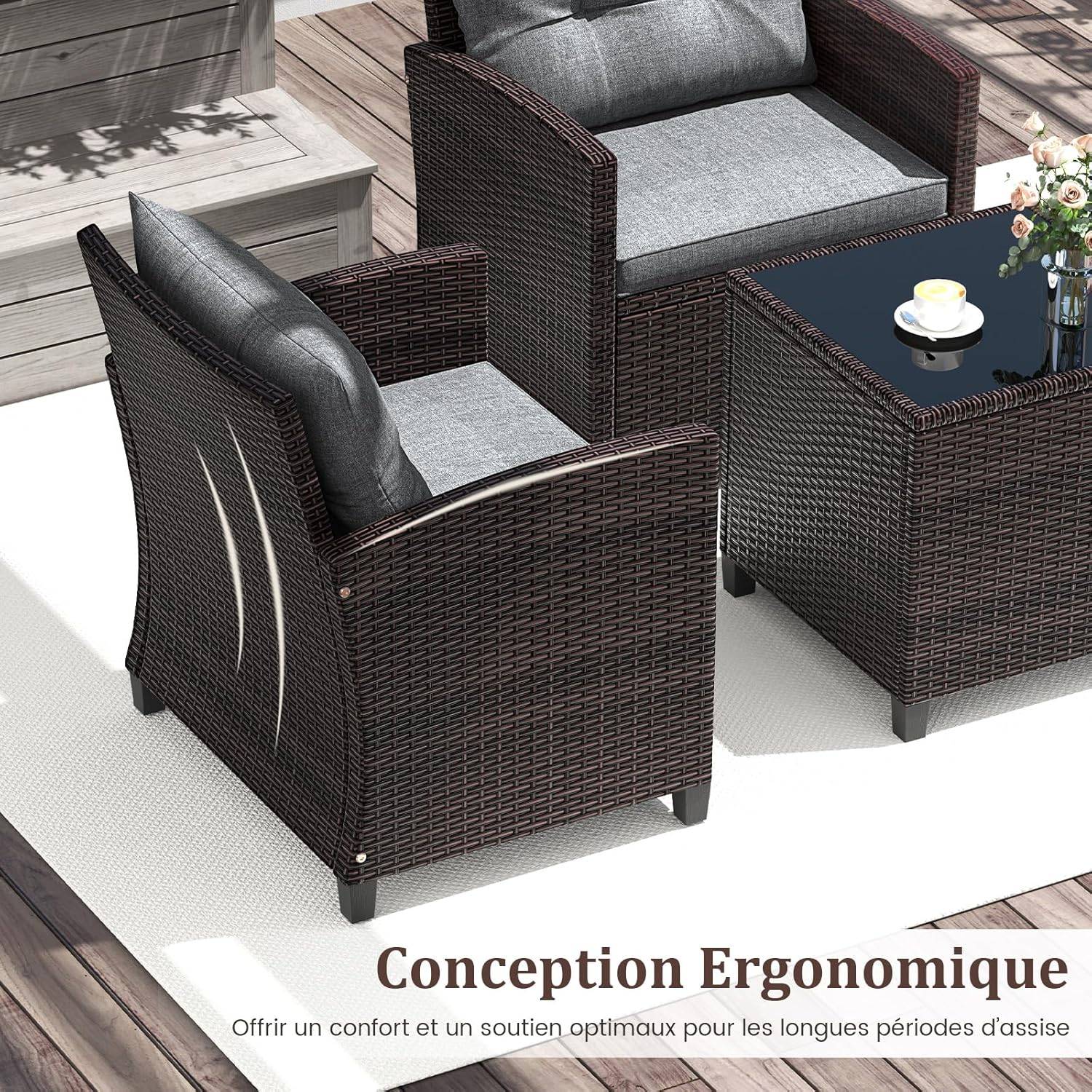 Costway - Salon de Jardin en Rotin - 3 Pièces - Charge 180KG - 2 Fauteuils et Table Basse avec Plateau en Verre Trempé – Gris - Image 4