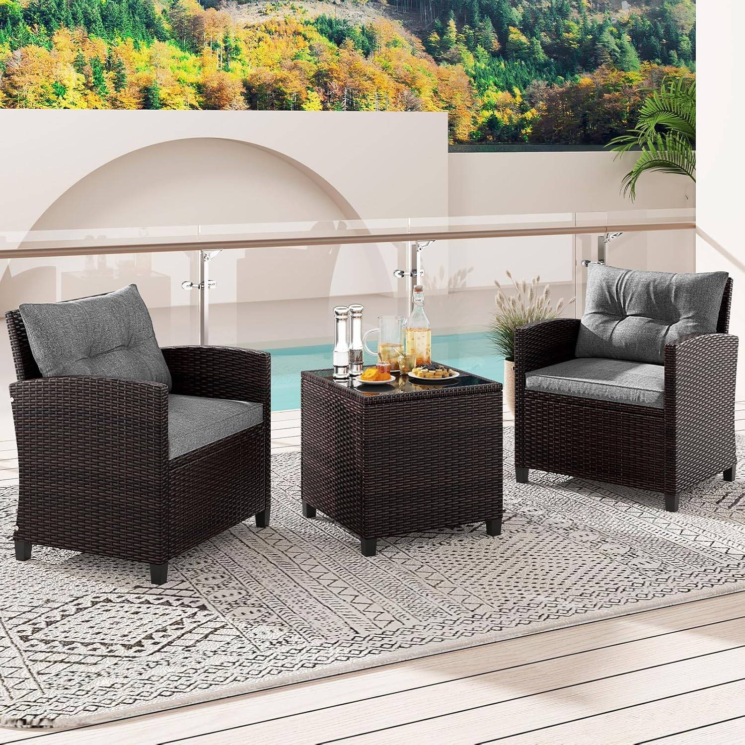 Costway - Salon de Jardin en Rotin - 3 Pièces - Charge 180KG - 2 Fauteuils et Table Basse avec Plateau en Verre Trempé – Gris - Image 8