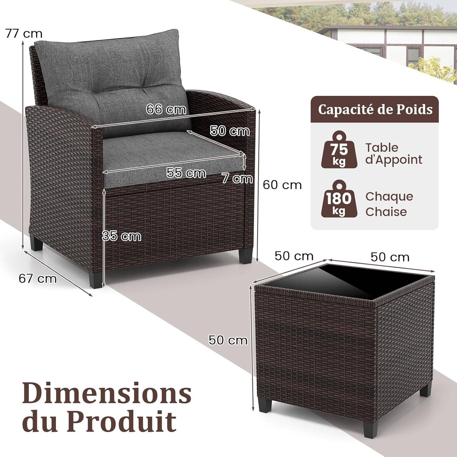 Costway - Salon de Jardin en Rotin - 3 Pièces - Charge 180KG - 2 Fauteuils et Table Basse avec Plateau en Verre Trempé – Gris - Image 5