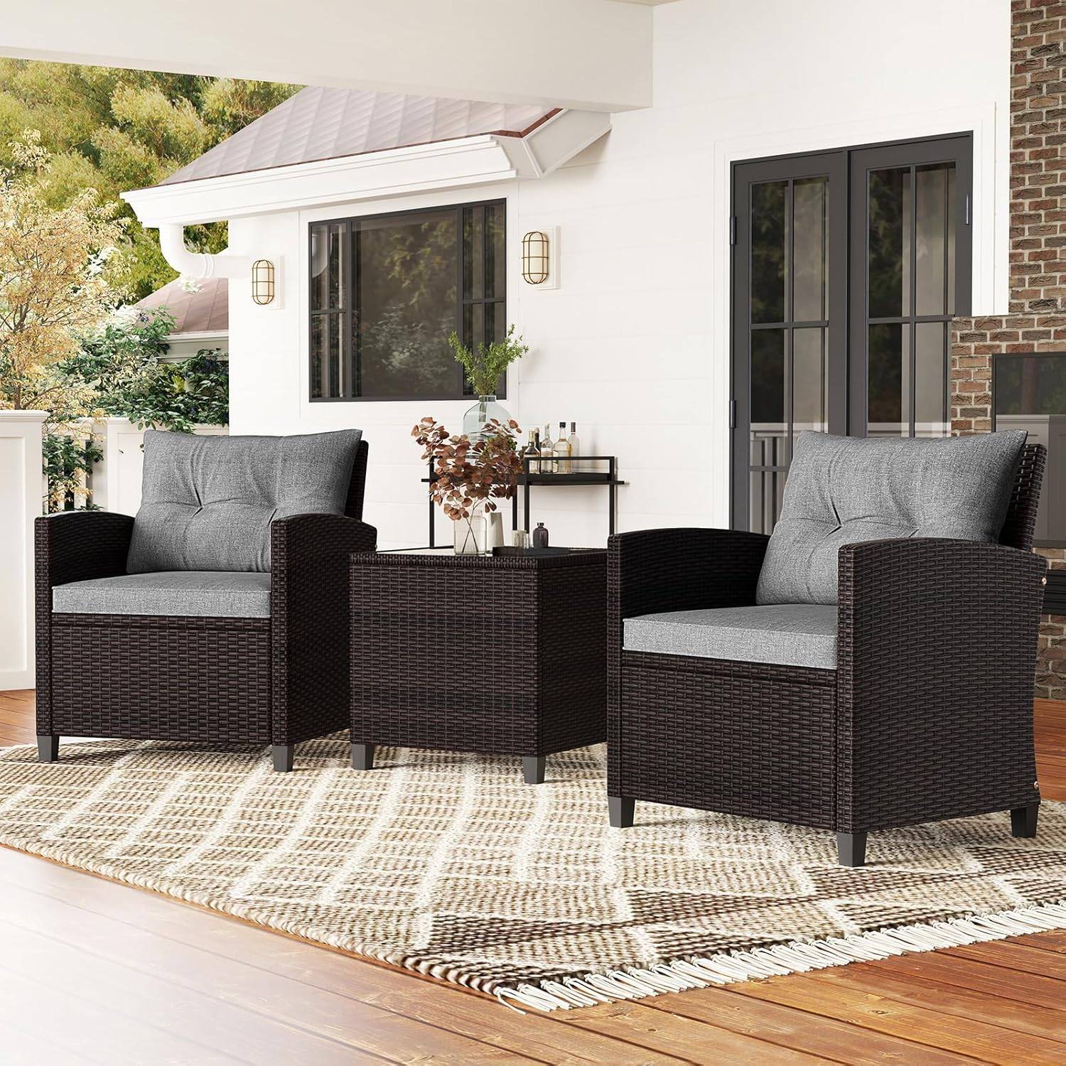 Costway - Salon de Jardin en Rotin - 3 Pièces - Charge 180KG - 2 Fauteuils et Table Basse avec Plateau en Verre Trempé – Gris - Image 9