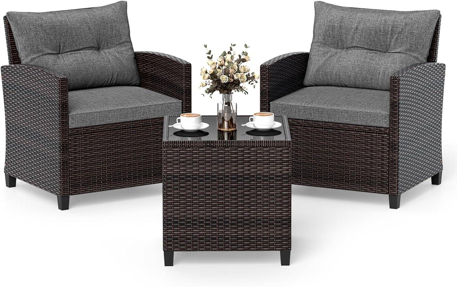 Costway - Salon de Jardin en Rotin - 3 Pièces - Charge 180KG - 2 Fauteuils et Table Basse avec Plateau en Verre Trempé – Gris - Image 1
