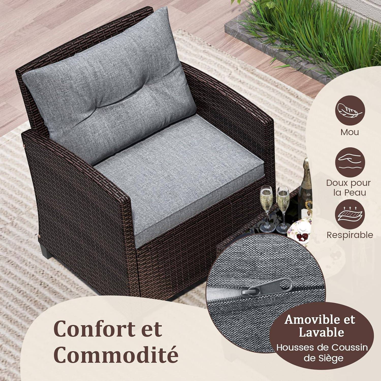 Costway - Salon de Jardin en Rotin - 3 Pièces - Charge 180KG - 2 Fauteuils et Table Basse avec Plateau en Verre Trempé – Gris - Image 6