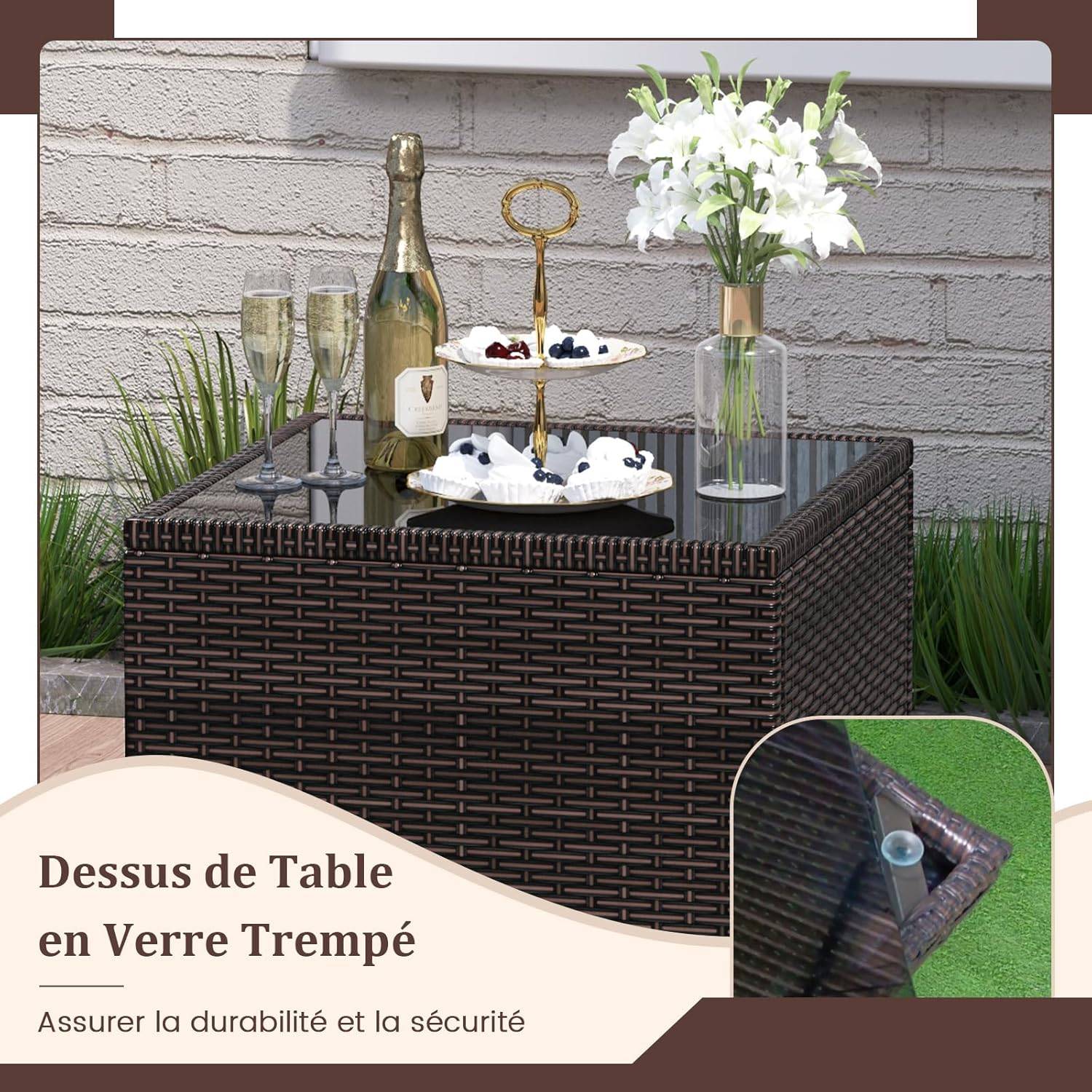 Costway - Salon de Jardin en Rotin - 3 Pièces - Charge 180KG - 2 Fauteuils et Table Basse avec Plateau en Verre Trempé – Gris - Image 7