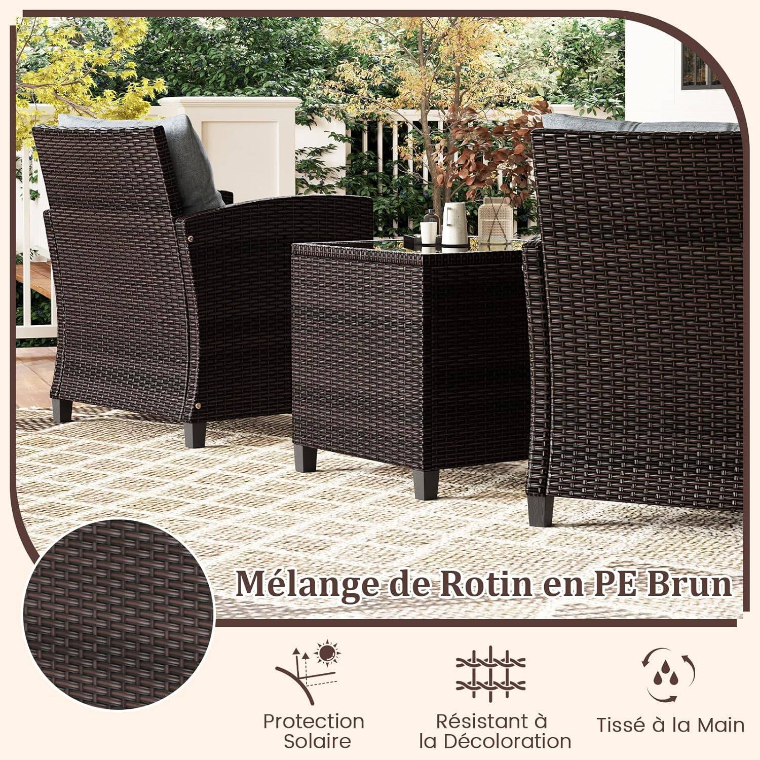 Costway - Salon de Jardin en Rotin - 3 Pièces - Charge 180KG - 2 Fauteuils et Table Basse avec Plateau en Verre Trempé – Gris - Image 3