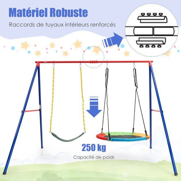 Helloshop26 - Portique de balançoire en métal avec structure en a support de balançoire en acier avec tapis antidérapant charge 250 kg 260 x 182 x 182 cm - Image 6