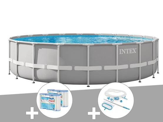 Kit piscine tubulaire Intex Prism Frame ronde 6,10 x 1,32 m + 6 cartouches de filtration + Kit d'entretien - Image 1