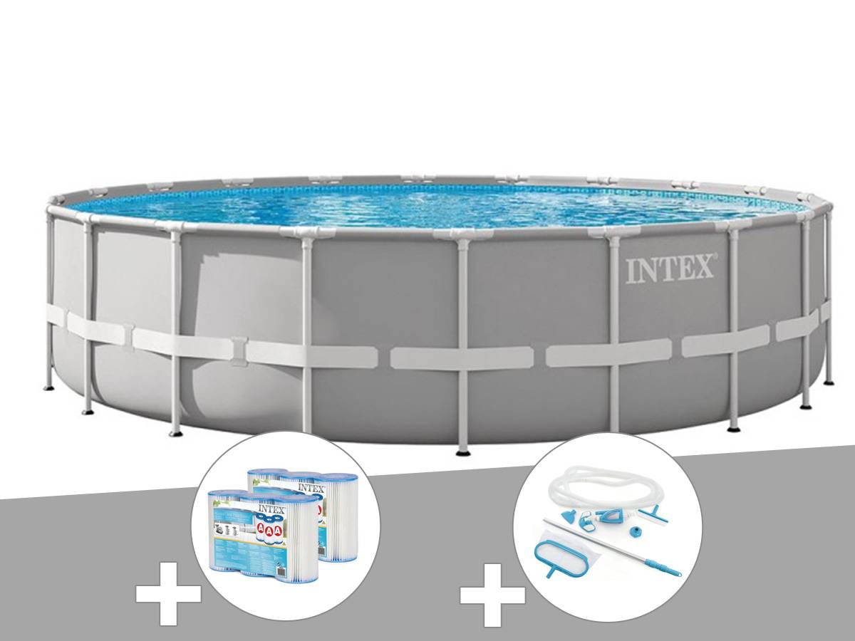 Kit piscine tubulaire Intex Prism Frame ronde 6,10 x 1,32 m + 6 cartouches de filtration + Kit d'entretien - Image 1
