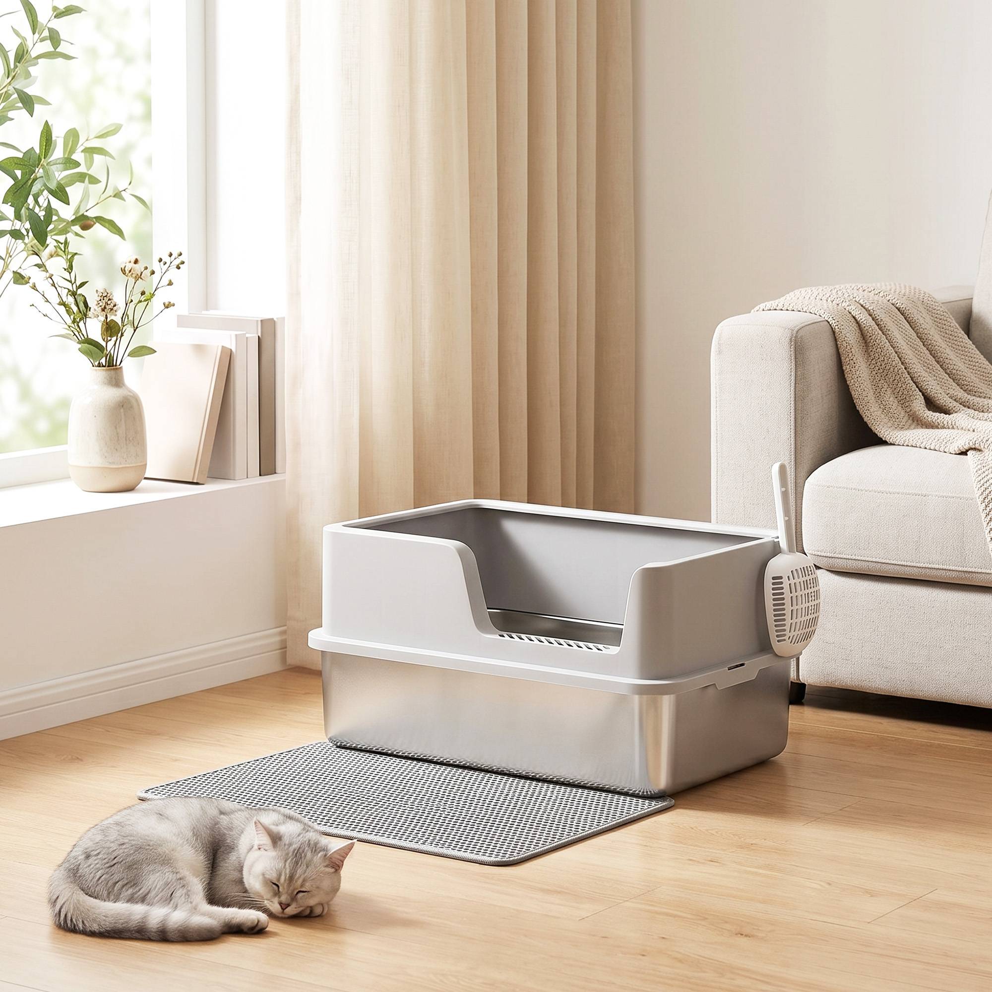 Bac à litière semi-fermé XL avec tapis, 30 L, gris clair - Image 4