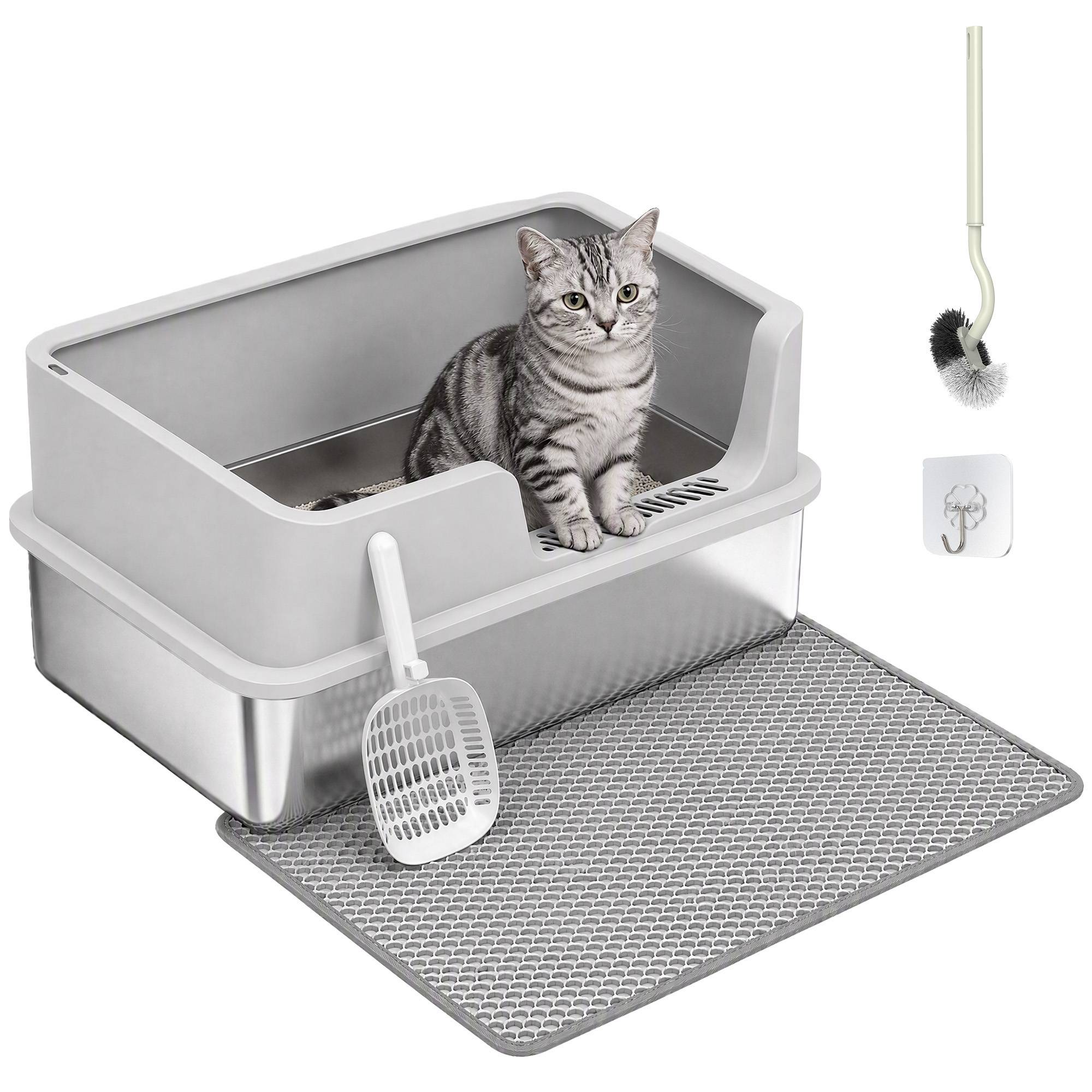 Bac à litière semi-fermé XL avec tapis, 30 L, gris clair - Image 1