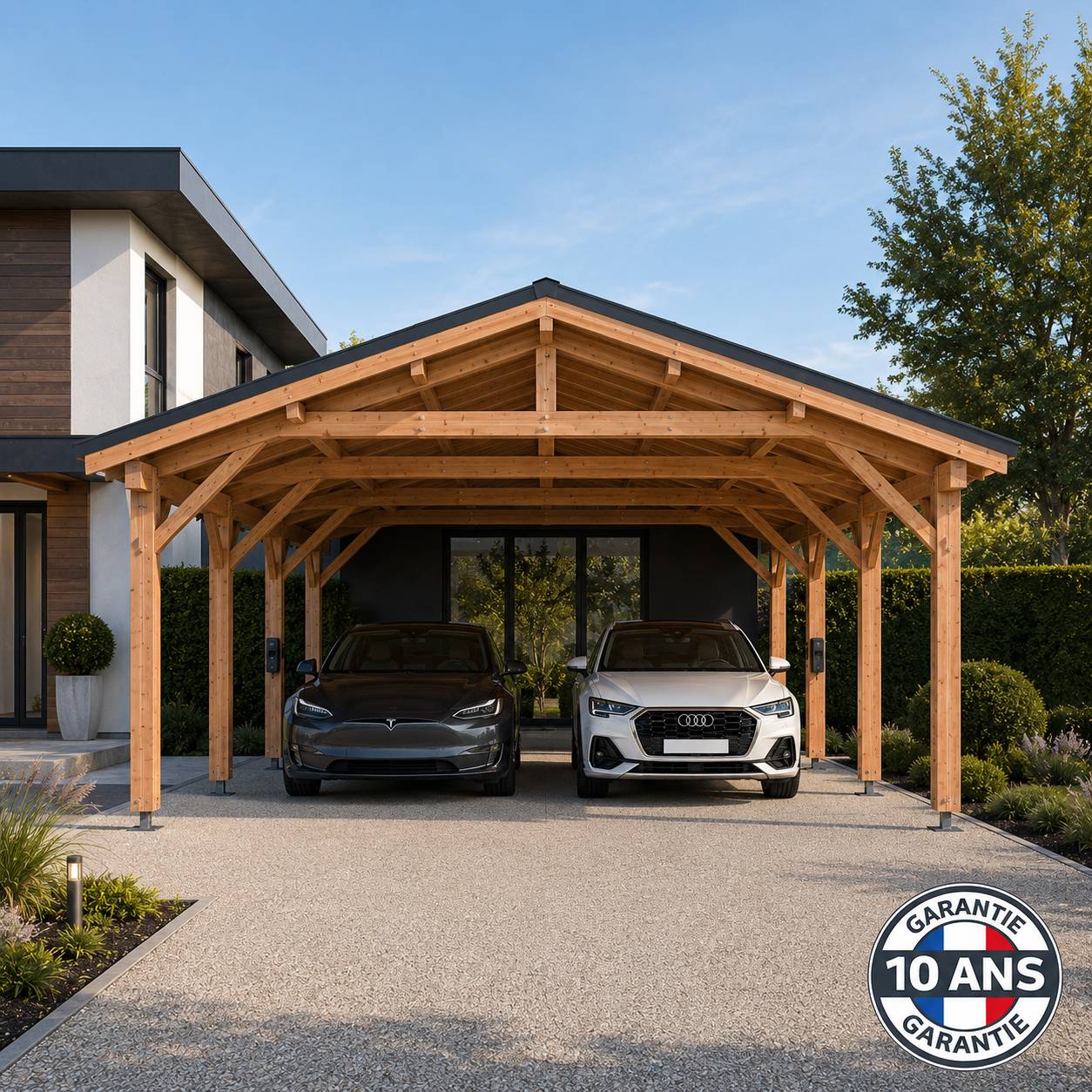 Cpbf Charpentes - Carport bois 2 pentes en bois douglas 33 m², 6 poteaux. Abri voiture extérieur. Garantie 10 ans. - Image 3