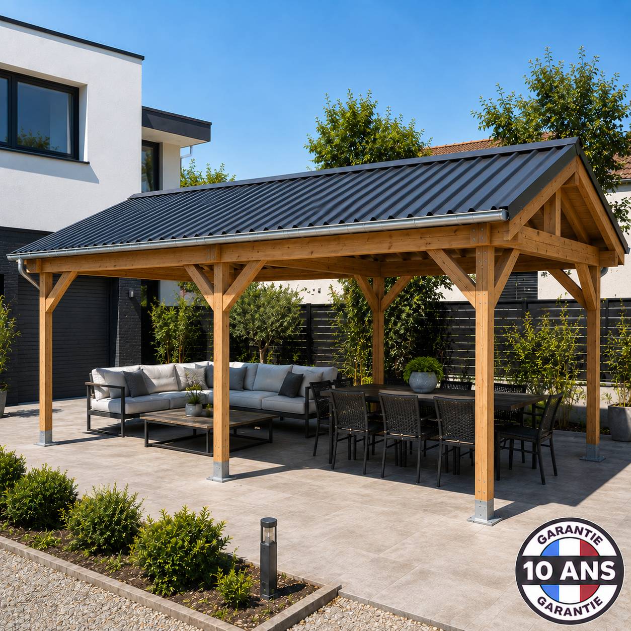 Cpbf Charpentes - Carport bois 2 pentes en bois douglas 33 m², 6 poteaux. Abri voiture extérieur. Garantie 10 ans. - Image 8