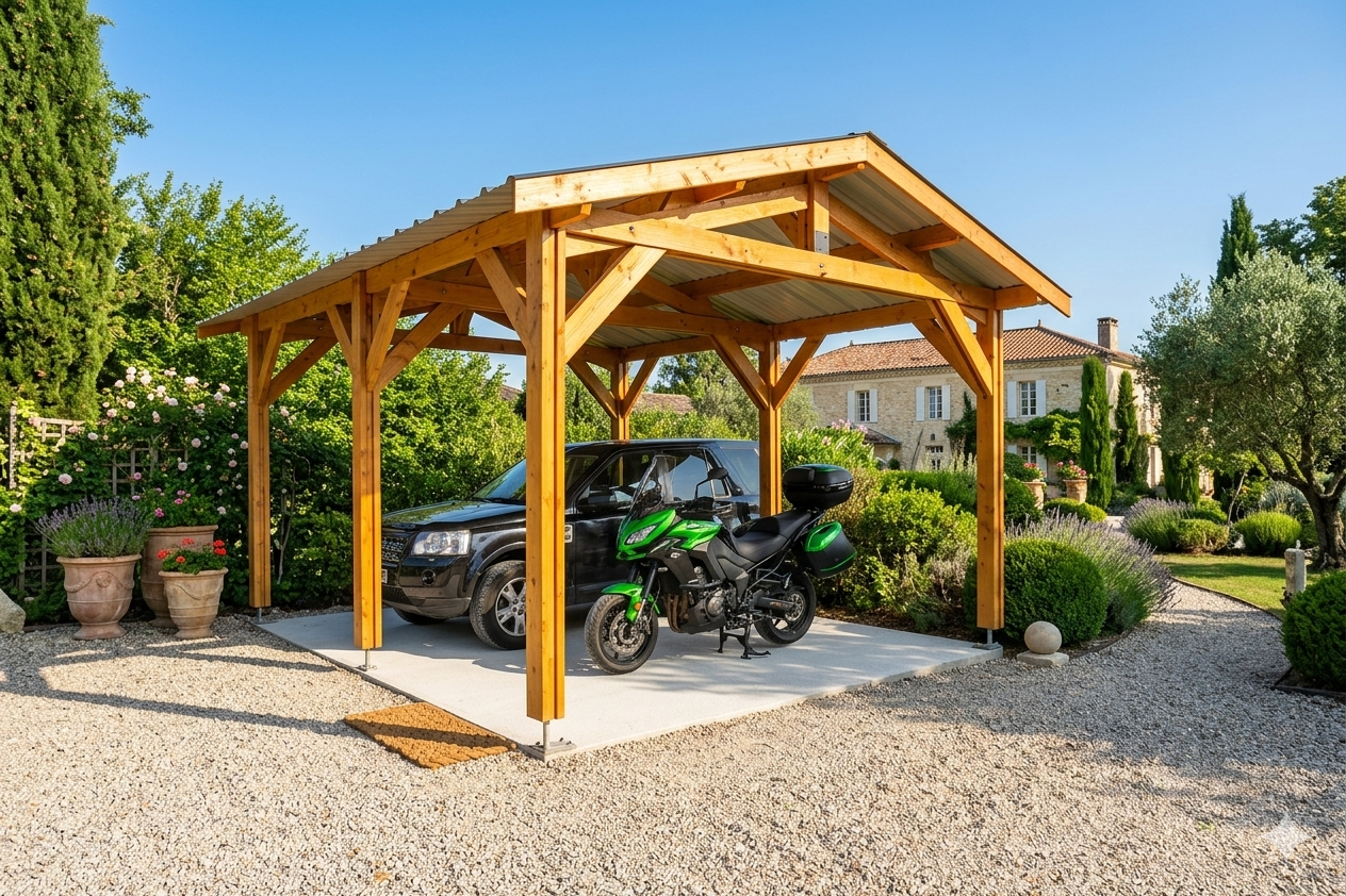 Cpbf Charpentes - Carport bois 2 pentes en bois douglas 33 m², 6 poteaux. Abri voiture extérieur. Garantie 10 ans. - Image 2
