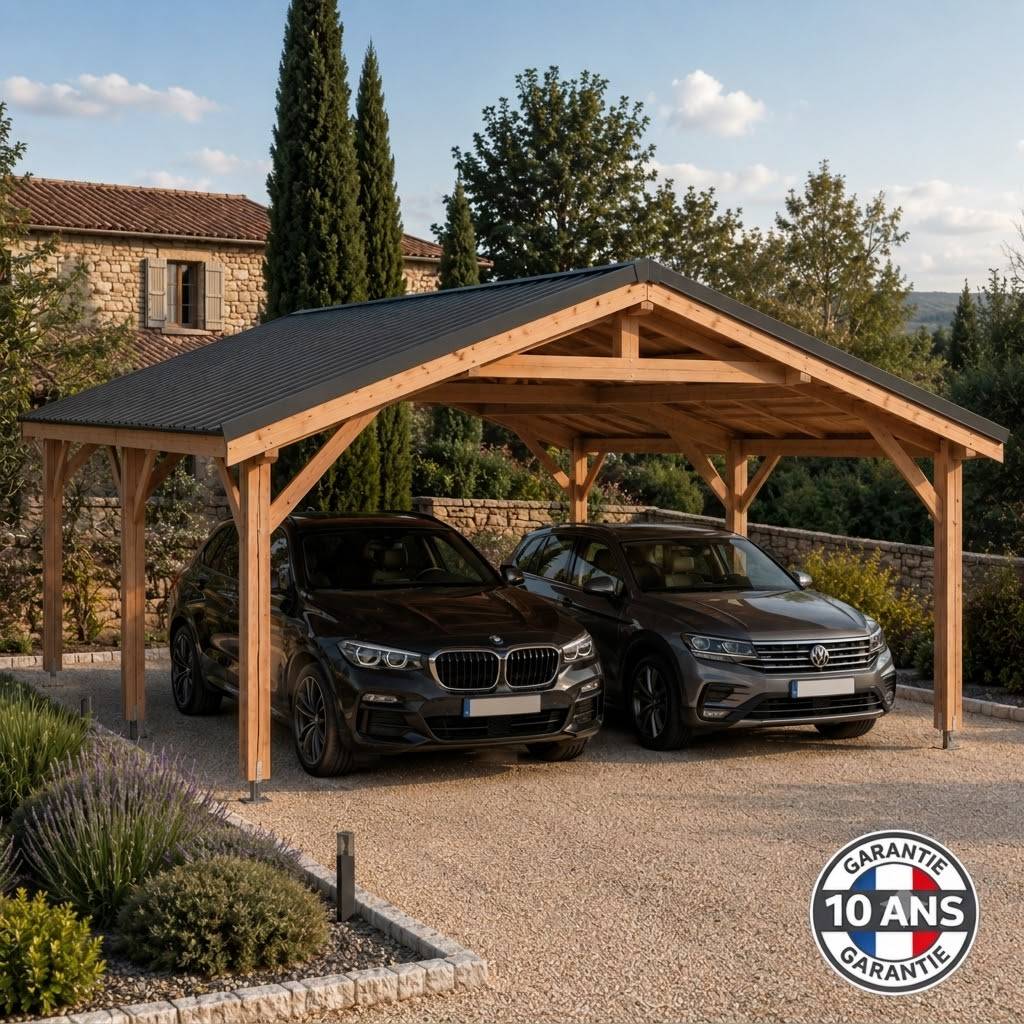 Cpbf Charpentes - Carport bois 2 pentes en bois douglas 33 m², 6 poteaux. Abri voiture extérieur. Garantie 10 ans. - Image 4